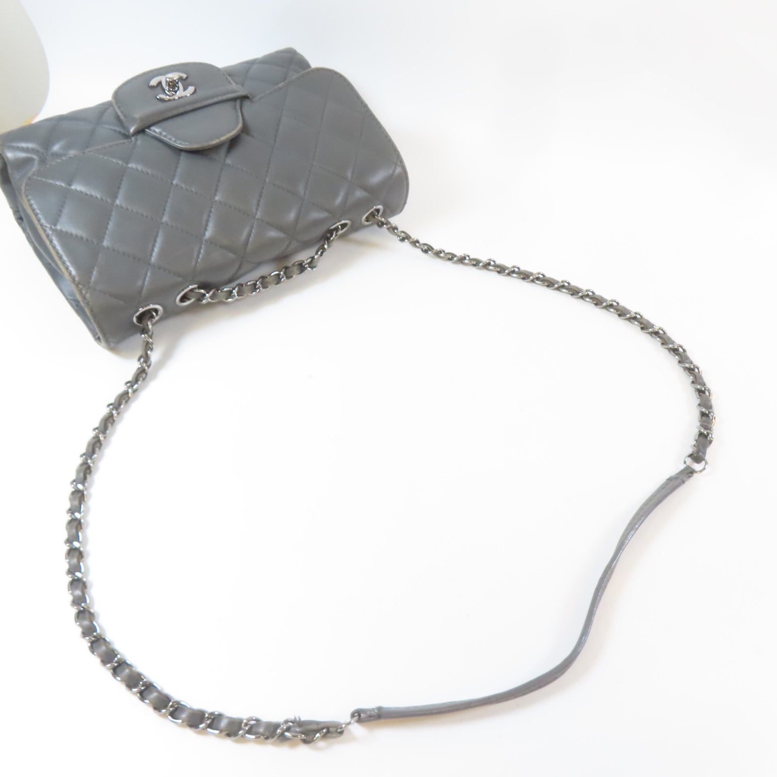 CHANEL 菱格羊皮皮革Chain Shoulder Bag銀扣鏈帶肩背袋灰色
