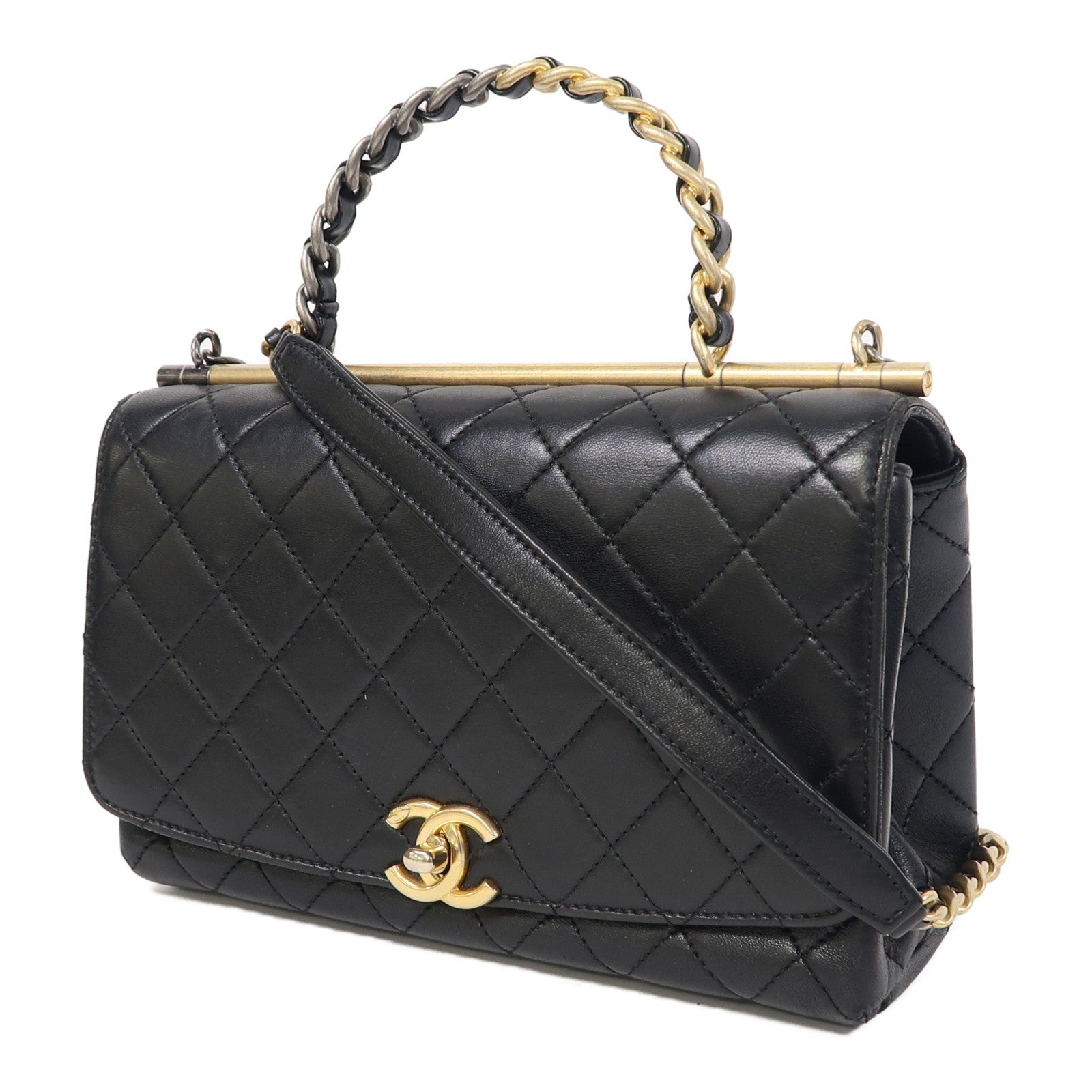 CHANEL 【激減優惠】菱格羊皮皮革2 Way Shoulder金扣/銀扣手挽肩背兩用袋黑色