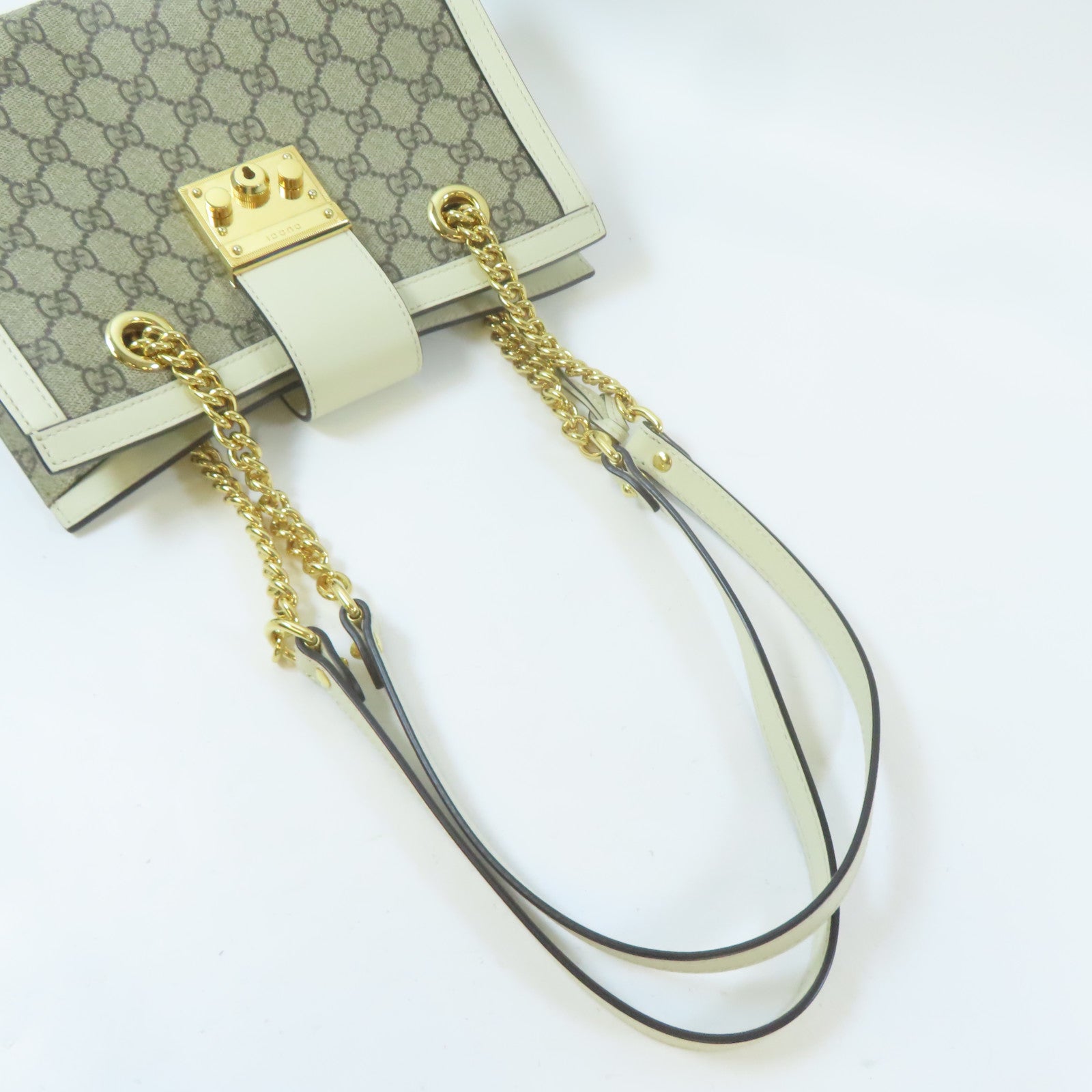 GUCCI 塗層帆布Padlock GG Shoulder Bag金扣肩背袋啡色/白色