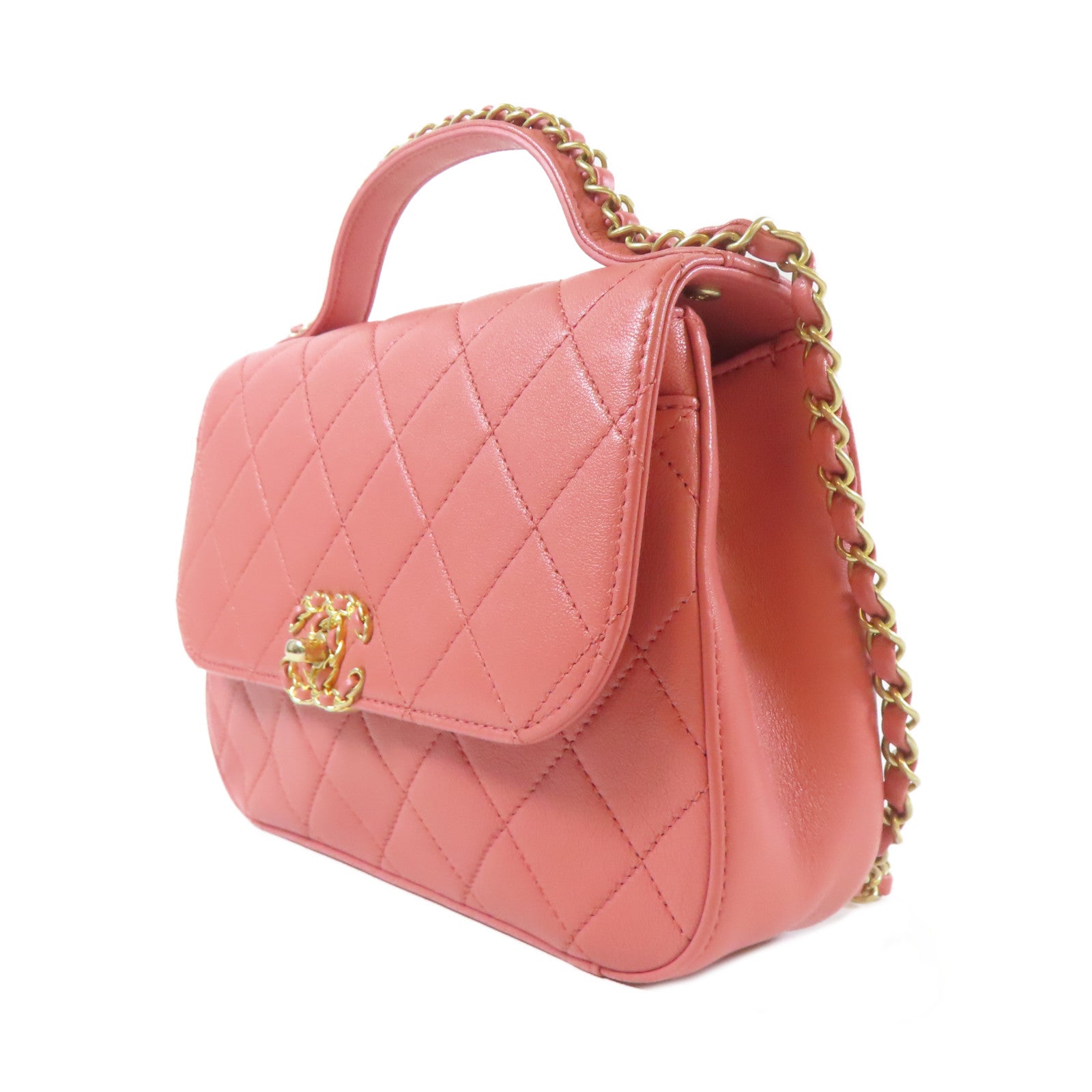 CHANEL 菱格羊皮皮革Chanel 19 Top Handle Bag金扣手挽肩背兩用袋粉紅色
