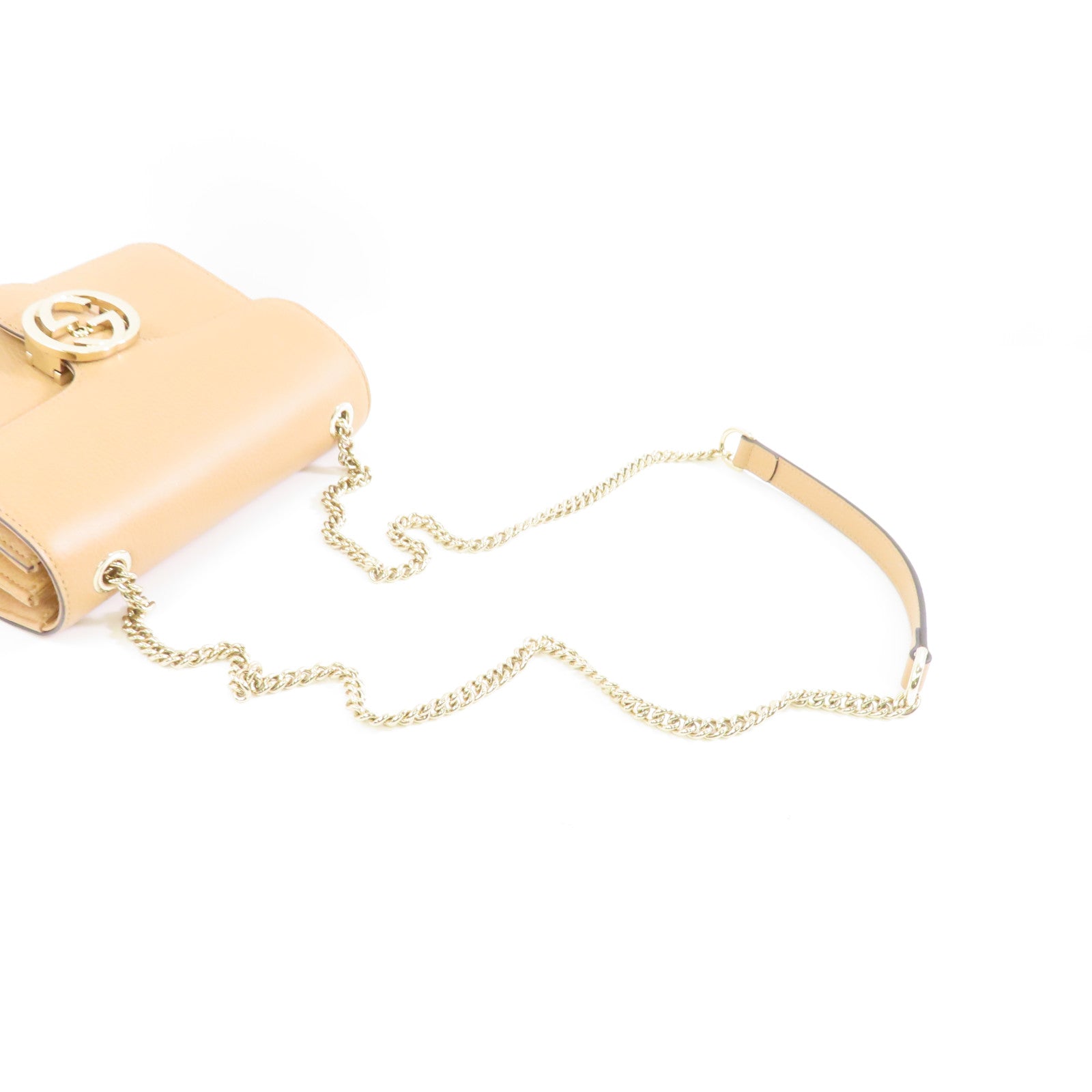 GUCCI 牛皮皮革Chain Shoulder金扣鏈帶肩背袋米色
