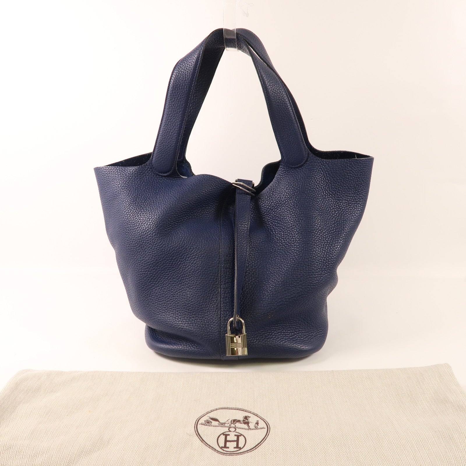 HERMES Clemence皮革Picotin GM銀扣手挽袋Bleu Nuit