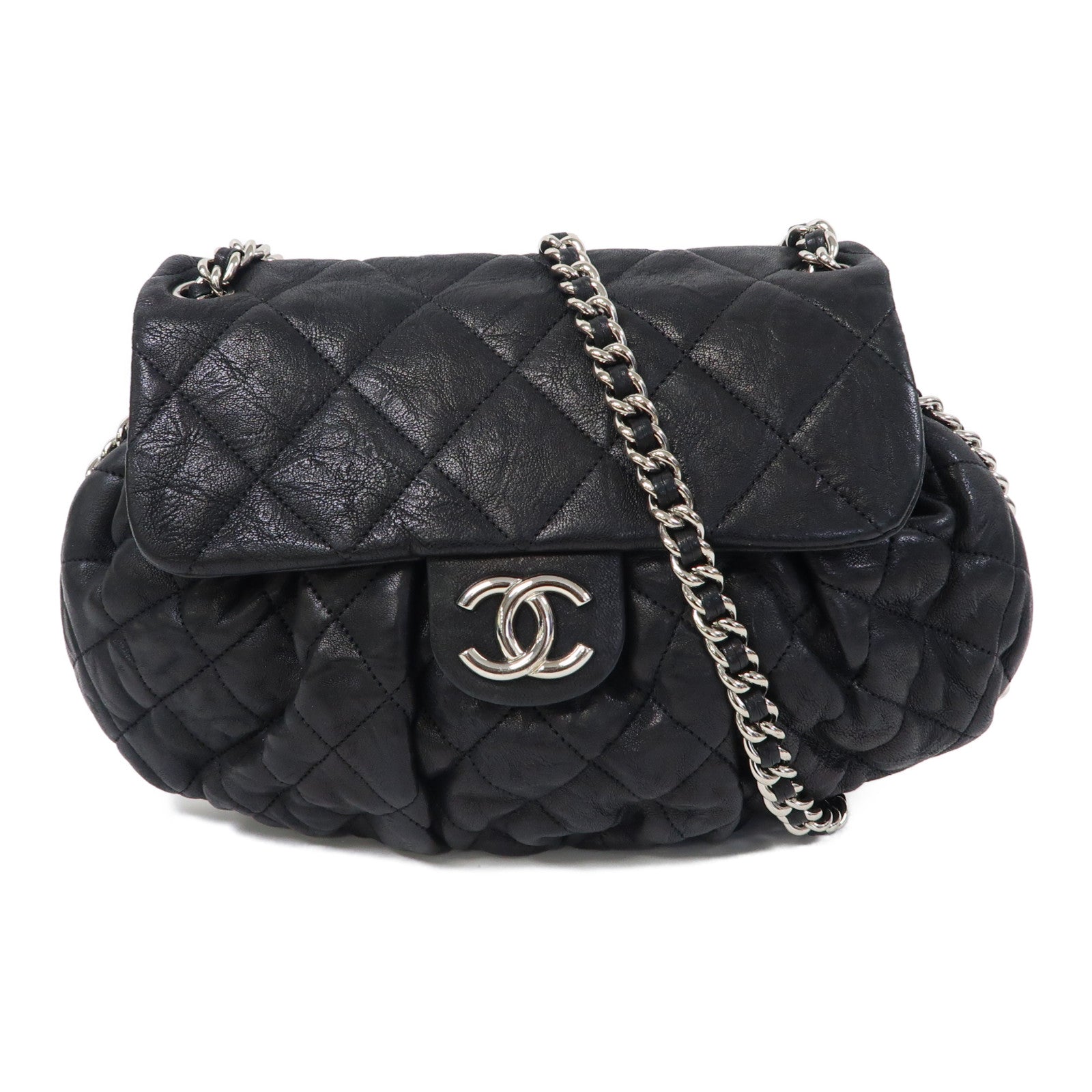 CHANEL 菱格牛皮皮革Chain Shoulder Bag銀扣鏈帶肩背袋黑色