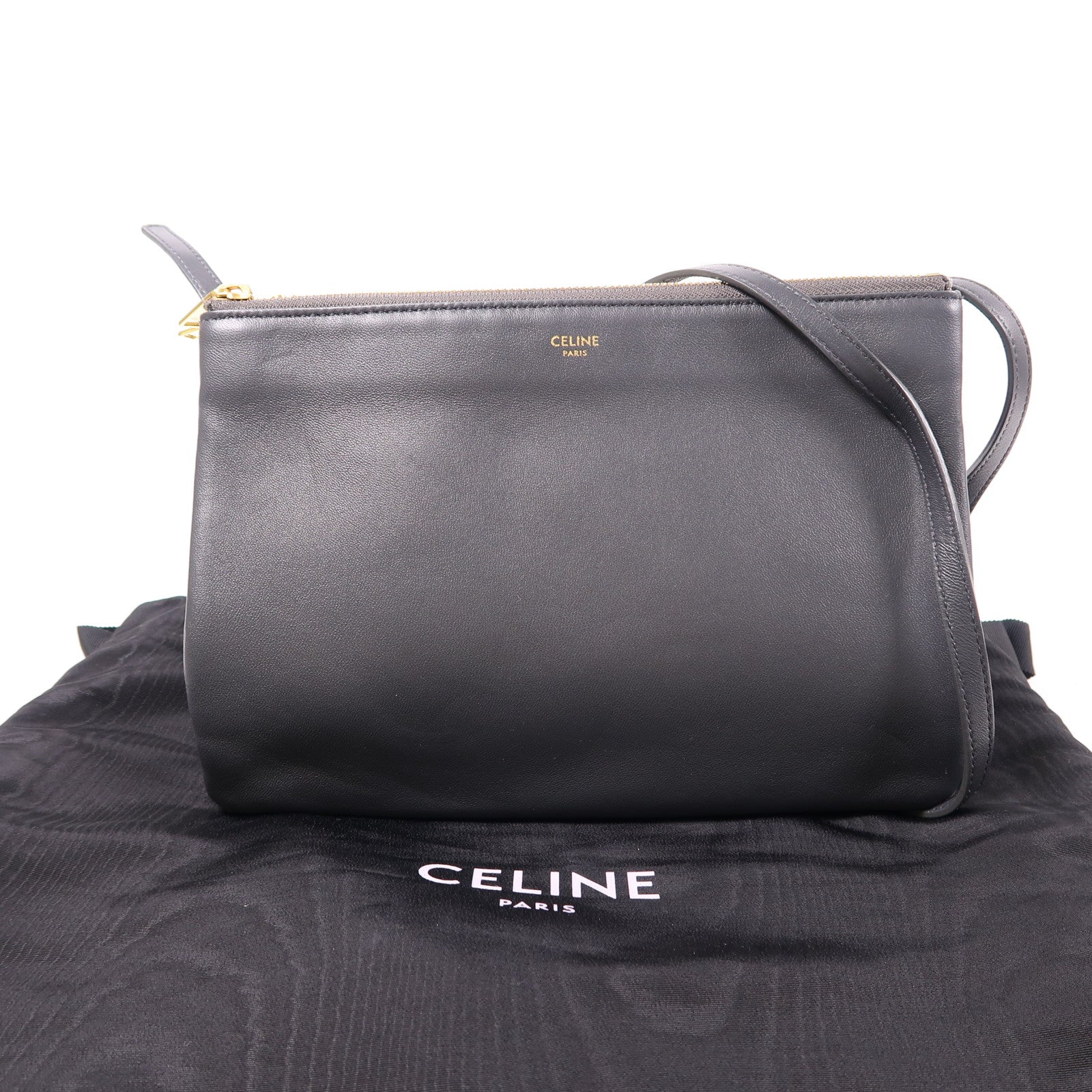 CELINE 羊皮皮革Trio金扣肩背袋灰色