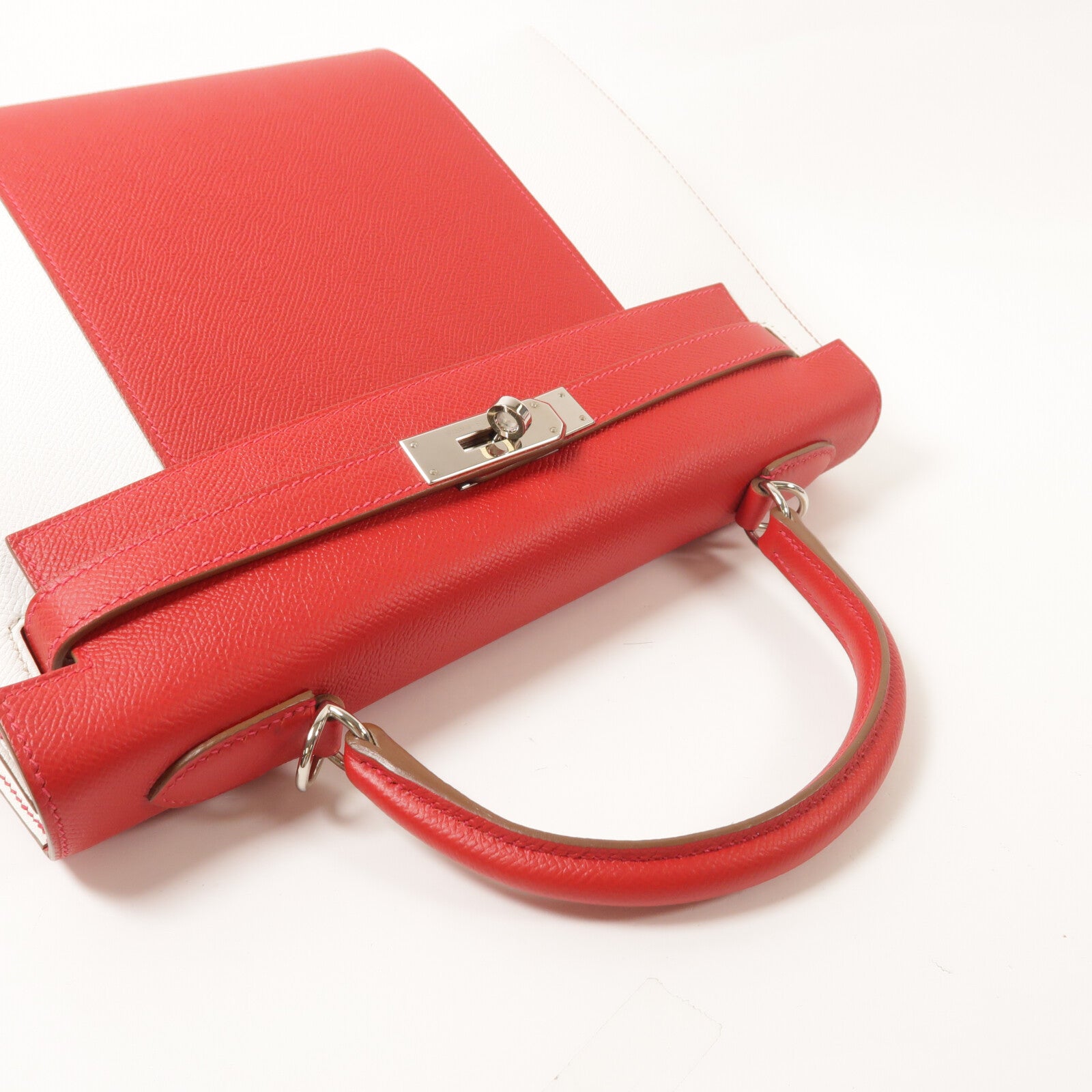 HERMES Epsom皮革Kelly 32銀扣手挽肩背兩用袋Rouge Casaque/Blanc