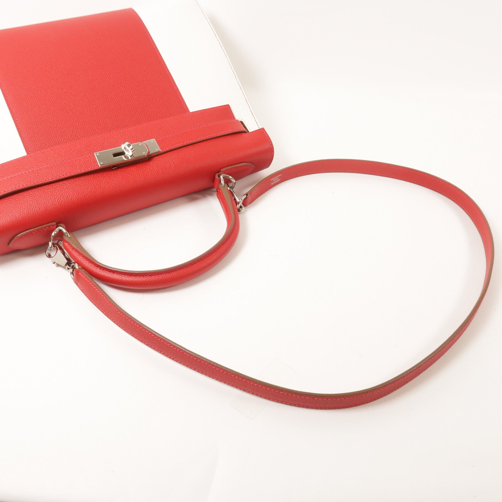 HERMES Epsom皮革Kelly 32銀扣手挽肩背兩用袋Rouge Casaque/Blanc