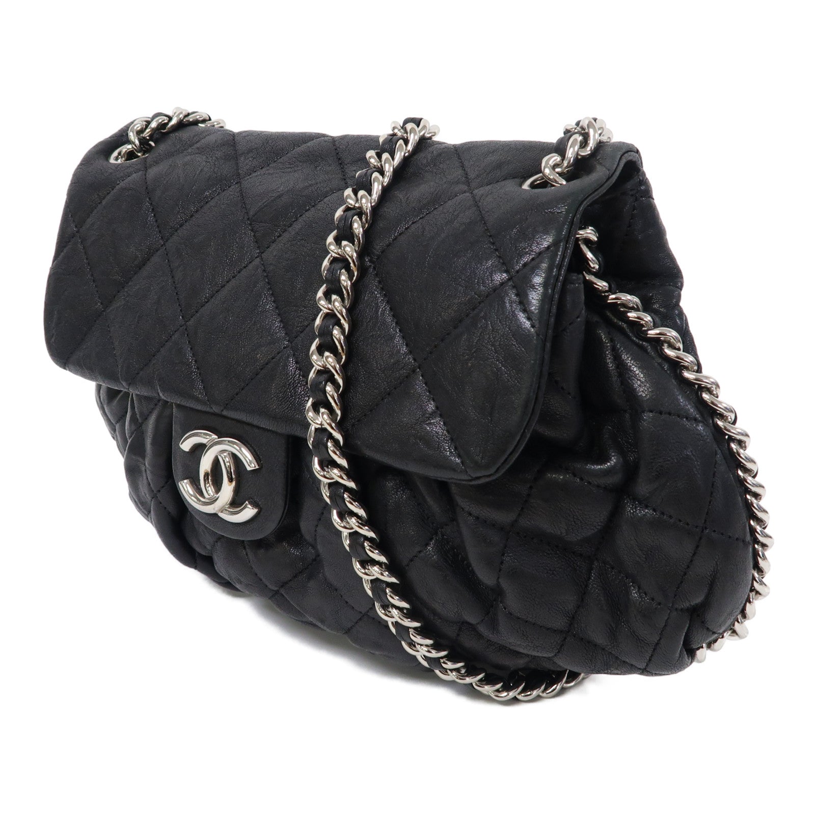CHANEL 菱格牛皮皮革Chain Shoulder Bag銀扣鏈帶肩背袋黑色