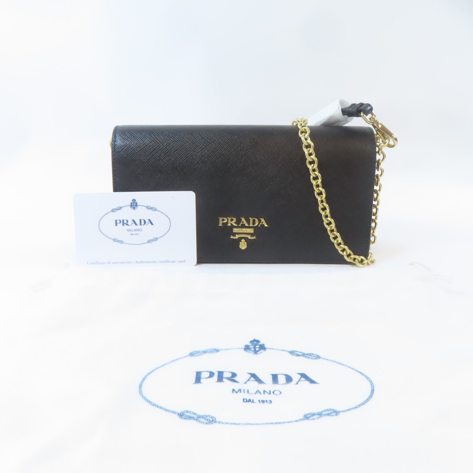 PRADA Saffiano皮革Miniborse金扣鏈帶肩背袋黑色