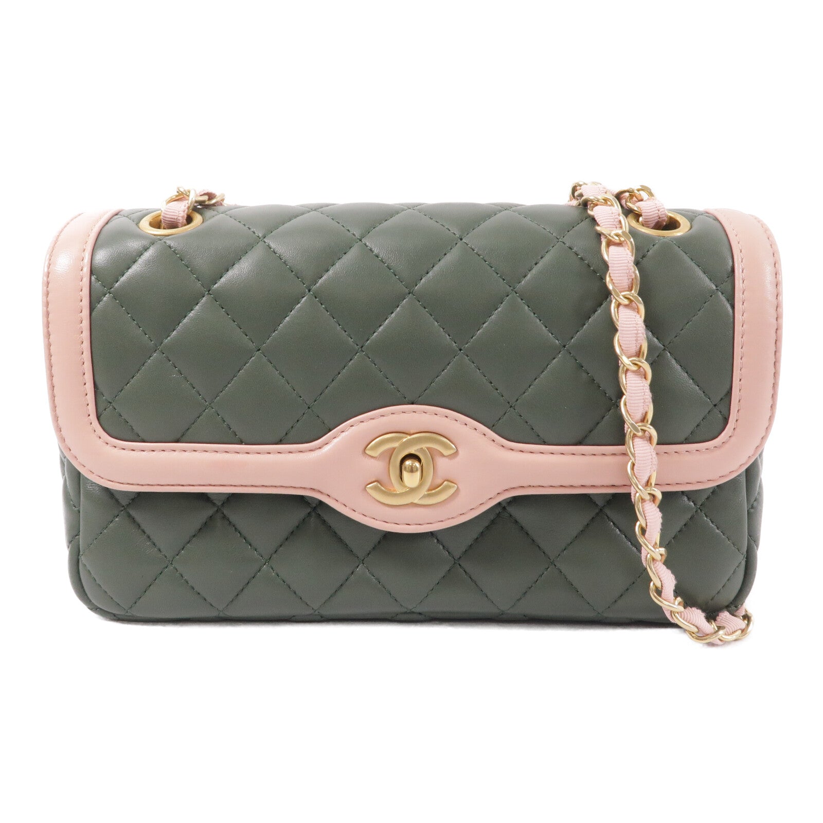 CHANEL 羊皮皮革Two-Tone Cuba Flap Bag鏈帶肩背袋