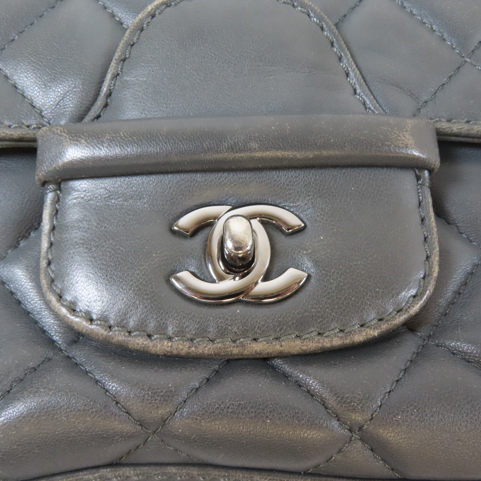 CHANEL 菱格羊皮皮革Chain Shoulder Bag銀扣鏈帶肩背袋灰色