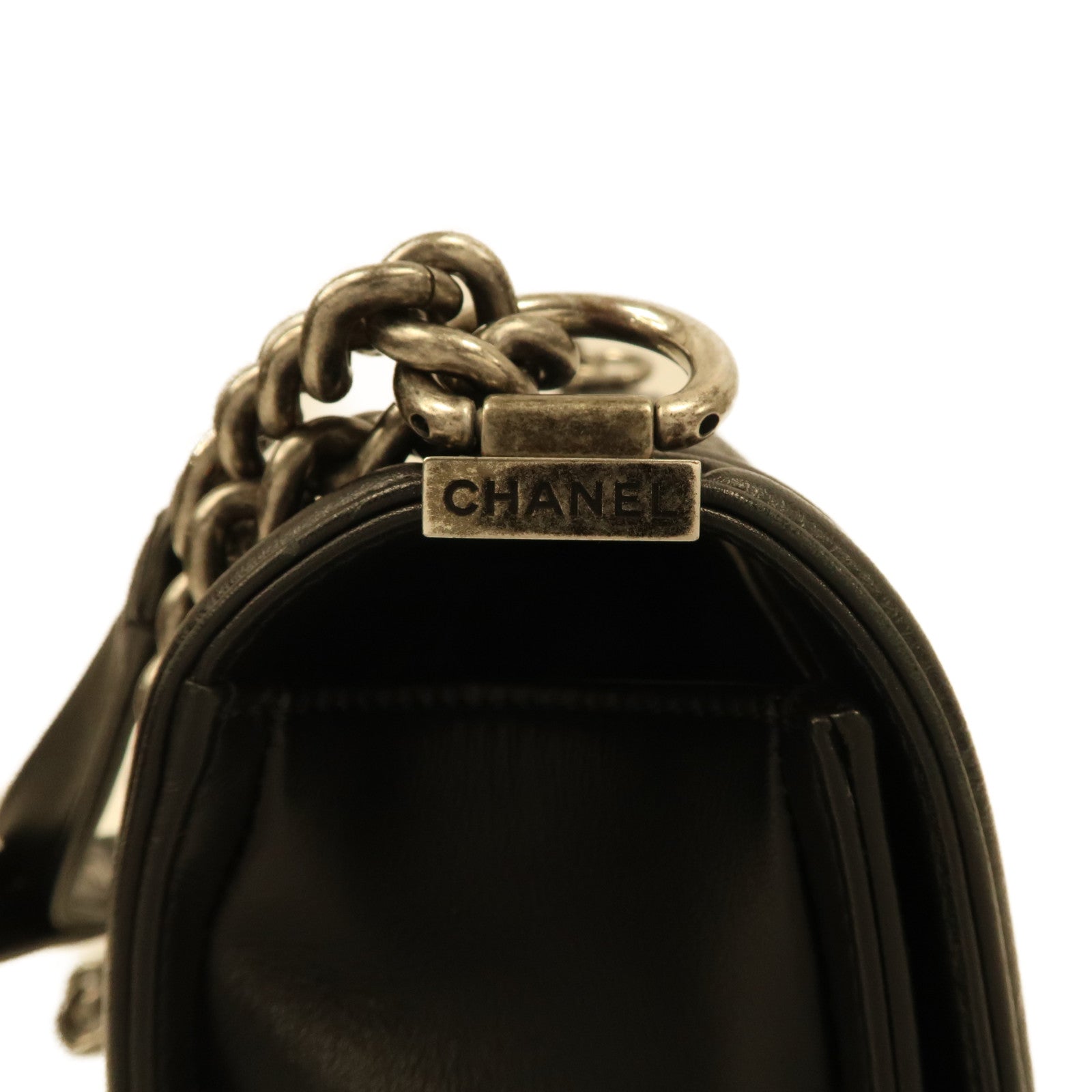 CHANEL 菱格羊皮皮革Boy Chanel Chain Shoulder Bag銀扣肩背袋黑色