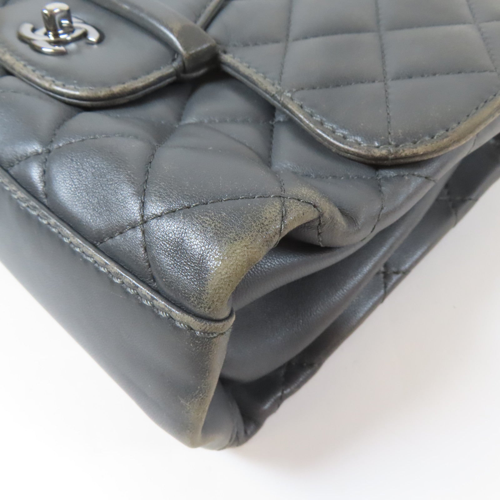 CHANEL 菱格羊皮皮革Chain Shoulder Bag銀扣鏈帶肩背袋灰色