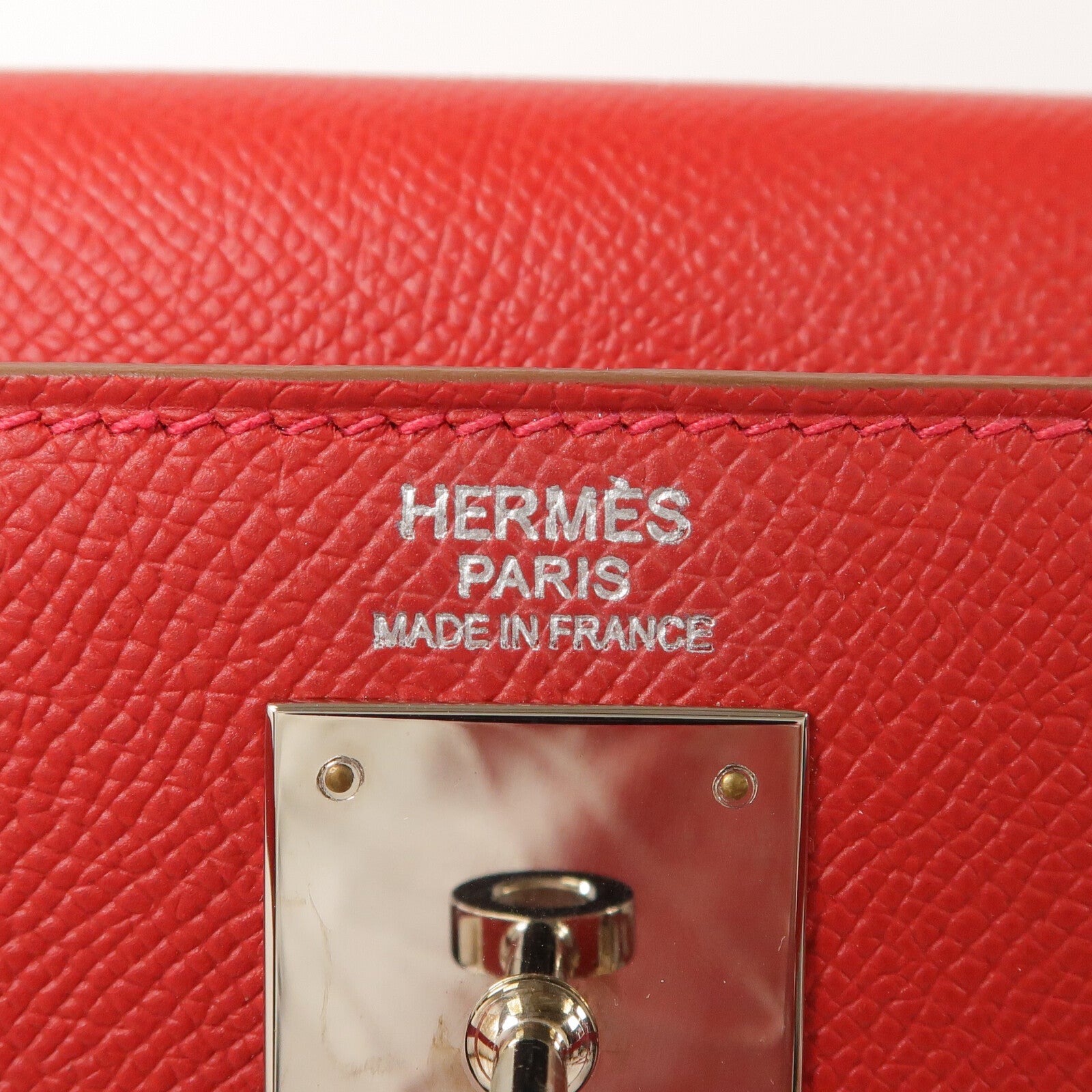 HERMES Epsom皮革Kelly 32銀扣手挽肩背兩用袋Rouge Casaque/Blanc