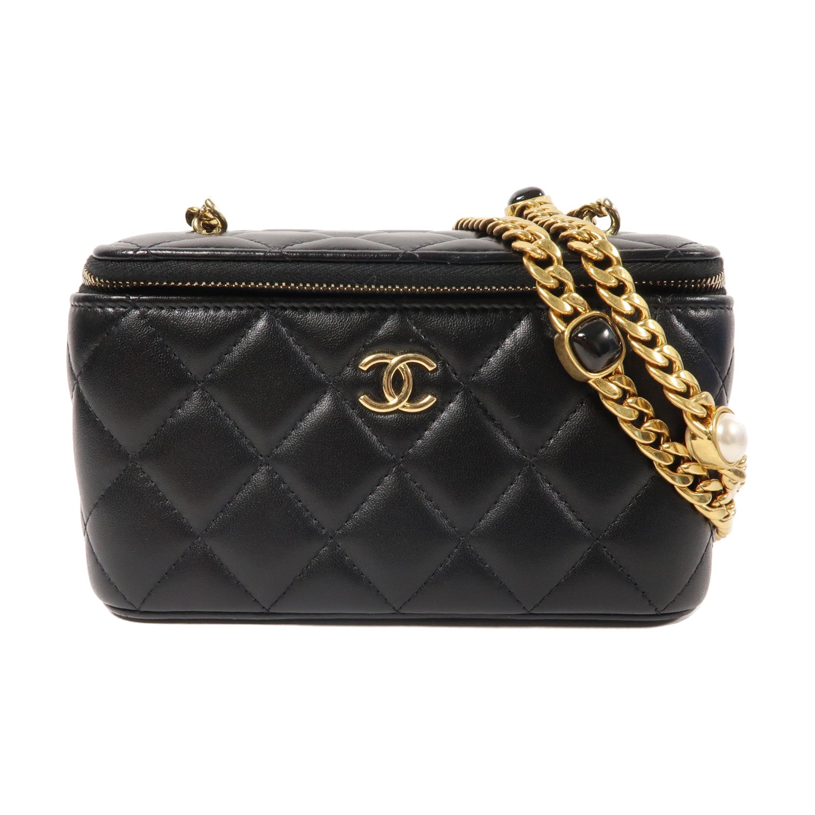 CHANEL 菱格羊皮皮革Chain Shoulder金扣鏈帶肩背袋黑色