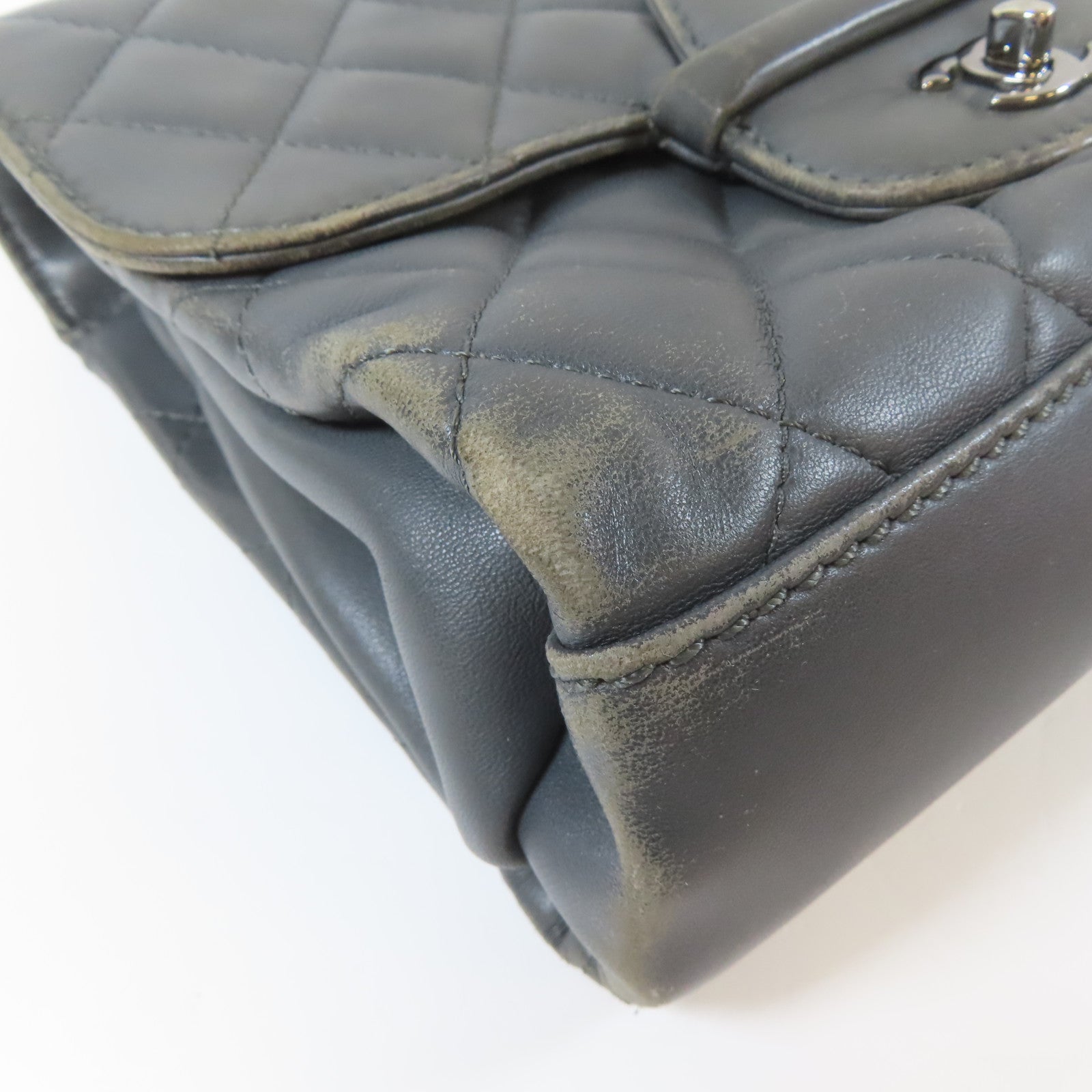 CHANEL 菱格羊皮皮革Chain Shoulder Bag銀扣鏈帶肩背袋灰色