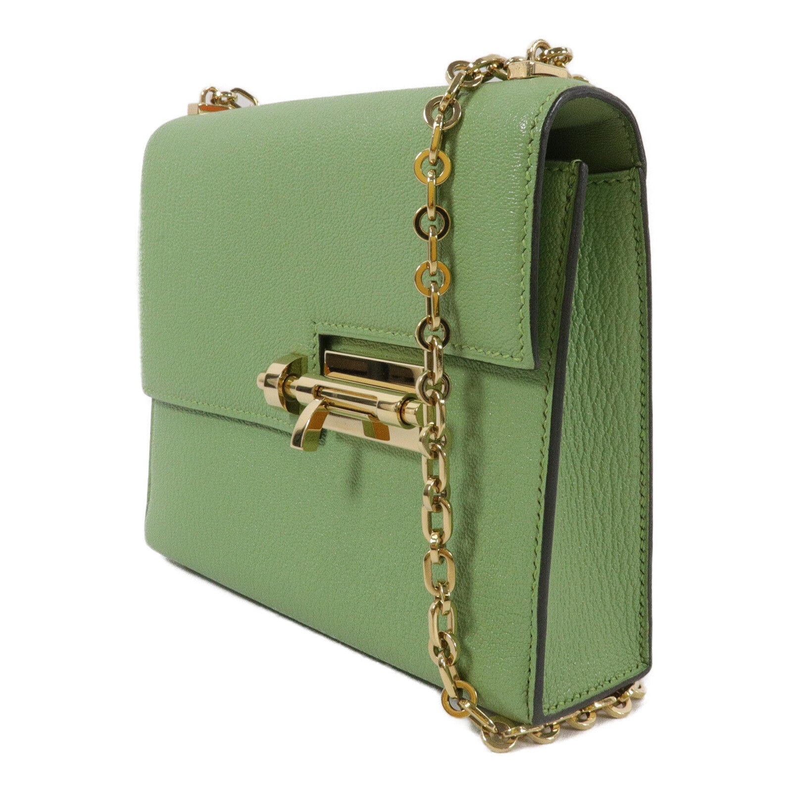 HERMES Chevre皮革Verrou Mini鏈帶肩背袋Vert Criquet