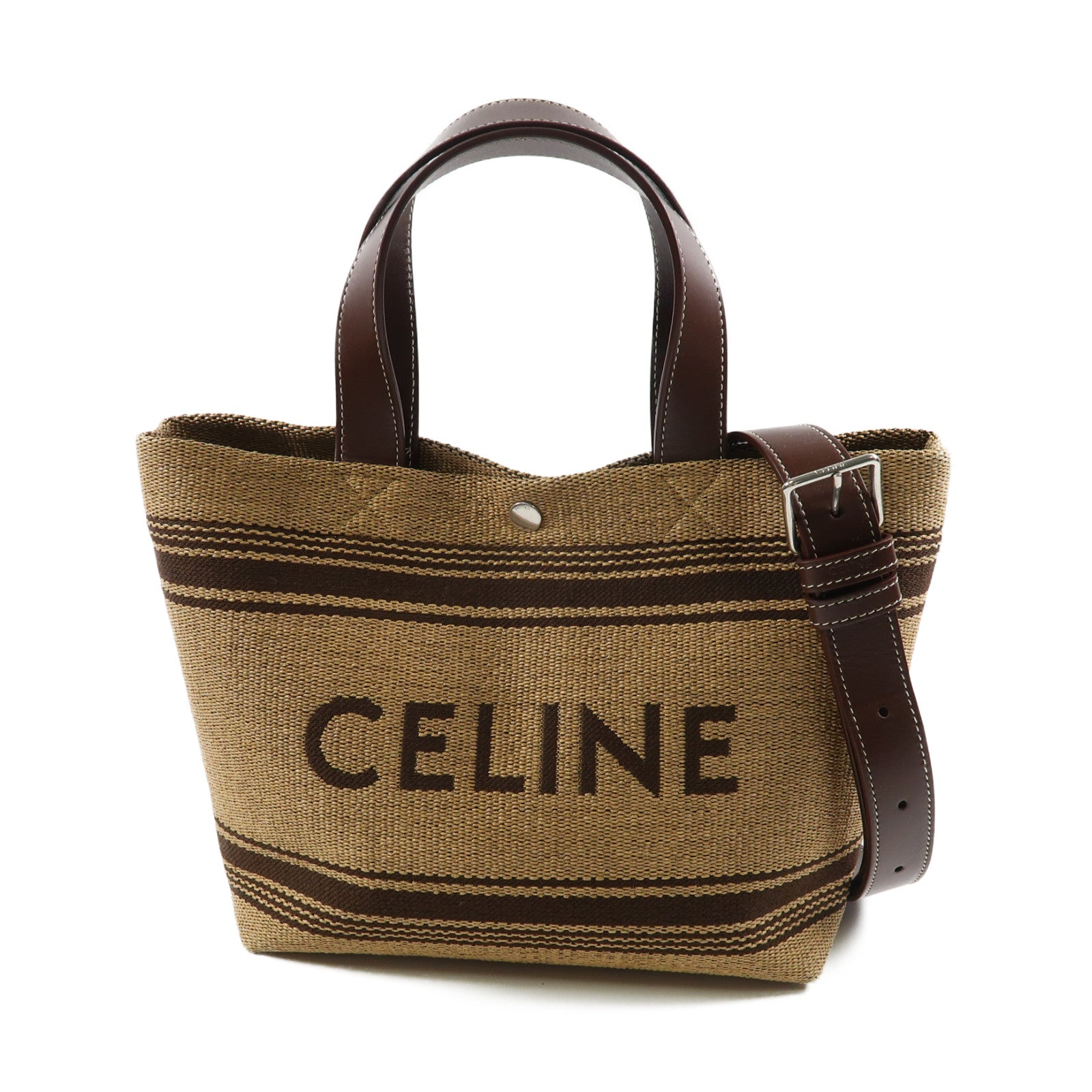 CELINE 【激減優惠】Raffia/牛皮皮革Mini Cabas銀扣手挽肩背兩用袋啡色