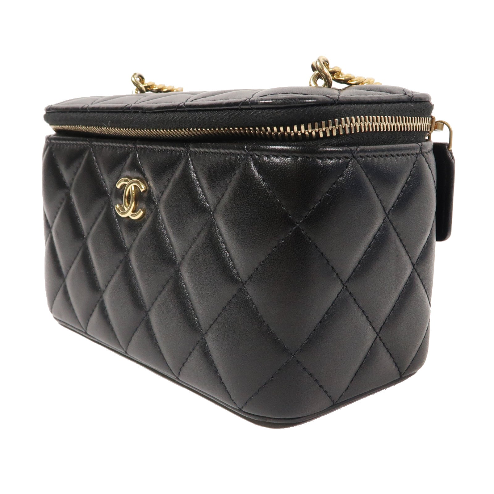 CHANEL 菱格羊皮皮革Chain Shoulder金扣鏈帶肩背袋黑色