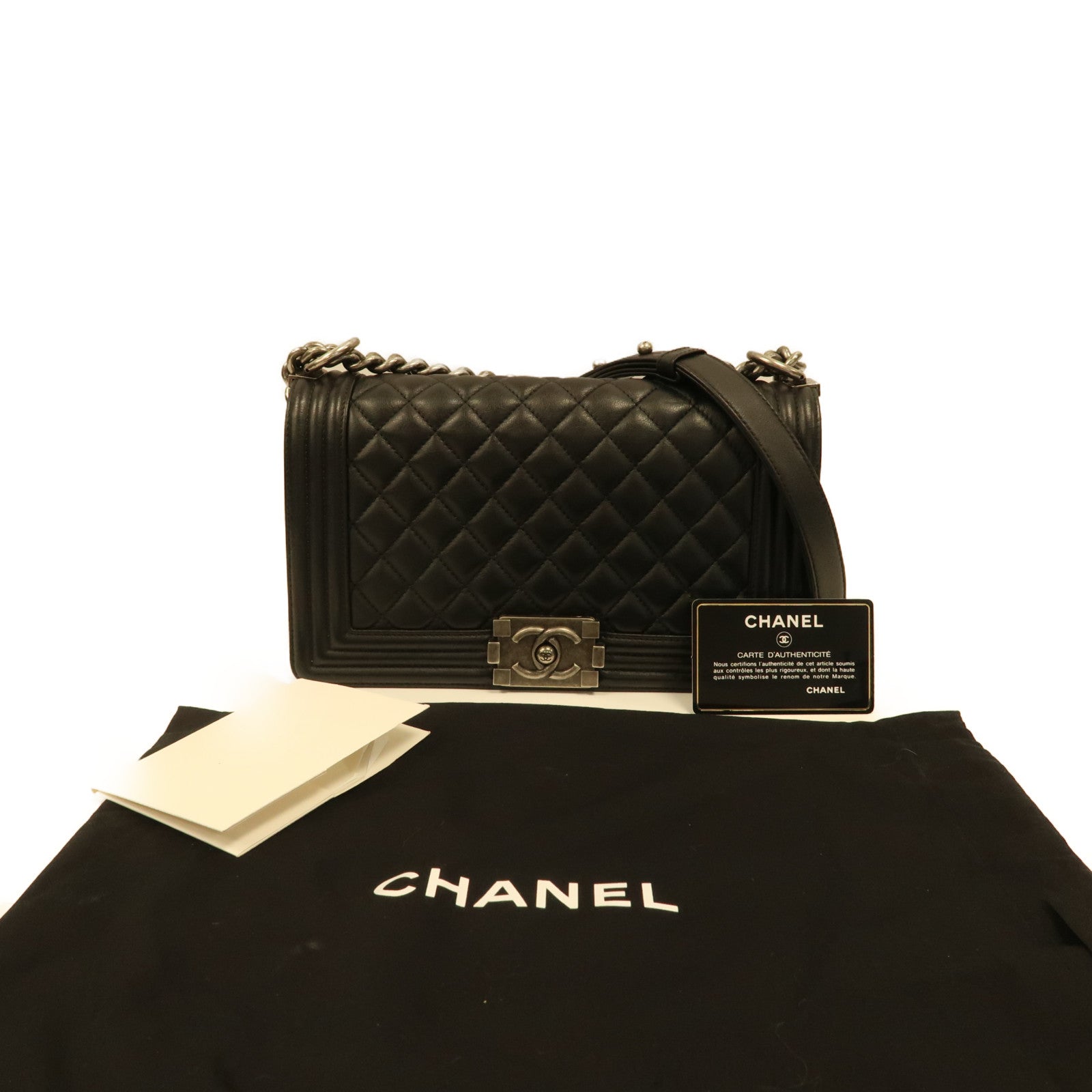 CHANEL 菱格羊皮皮革Boy Chanel Chain Shoulder Bag銀扣肩背袋黑色