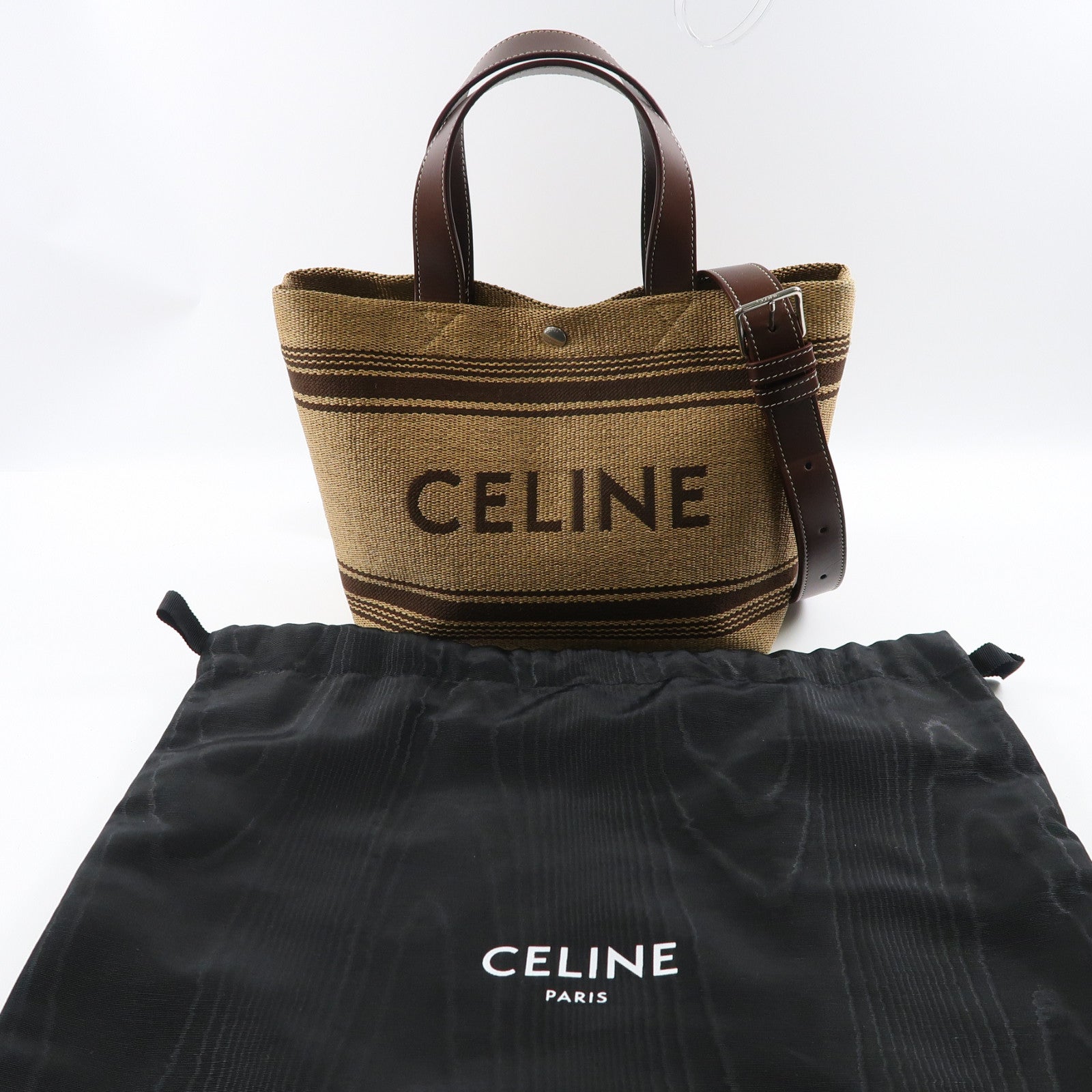 CELINE 【激減優惠】Raffia/牛皮皮革Mini Cabas銀扣手挽肩背兩用袋啡色