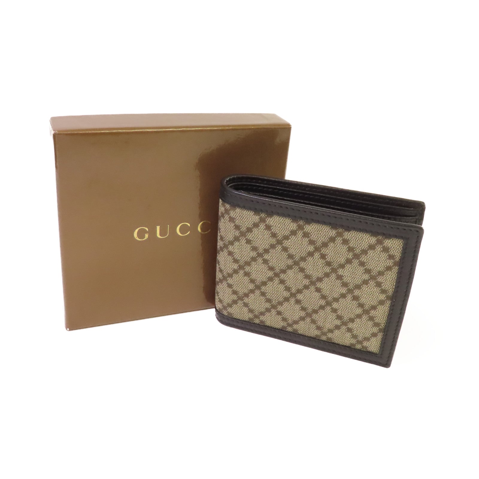 GUCCI 【激減優惠】牛皮皮革/帆布Diamante Bifold Short Wallet短錢包啡色