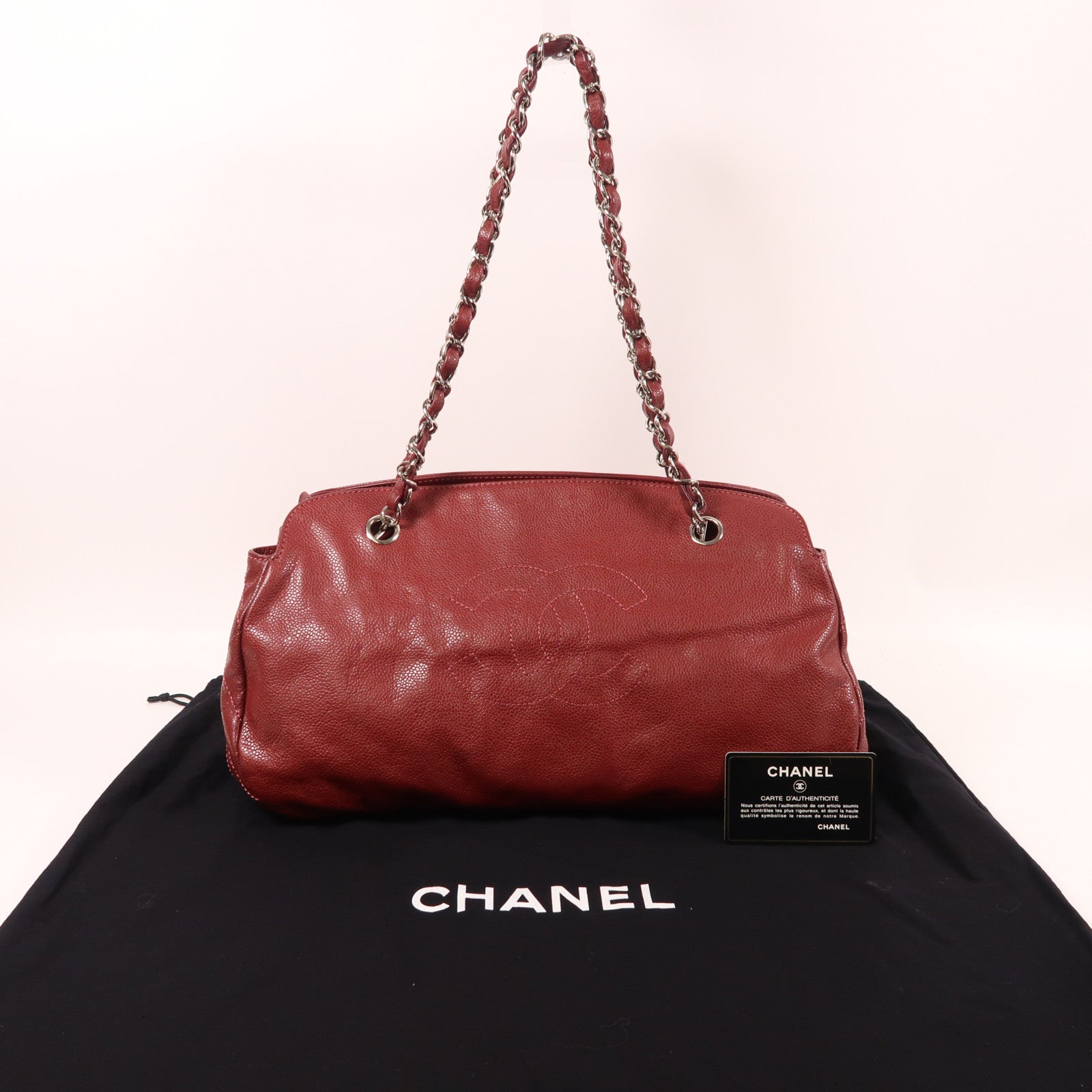 CHANEL 牛皮皮革Chain Shoulder銀扣鏈帶肩背袋紅色