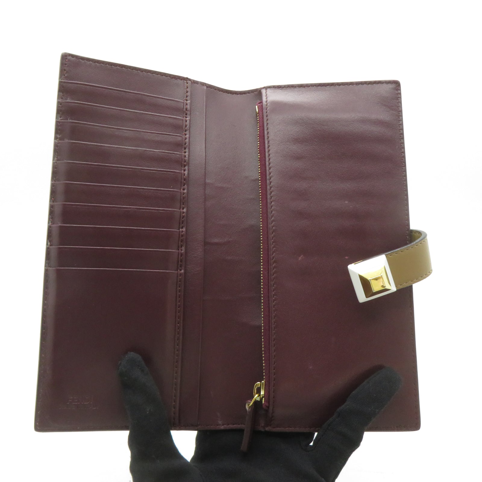 FENDI 【激減優惠】牛皮皮革Long wallet金扣長錢包卡其色