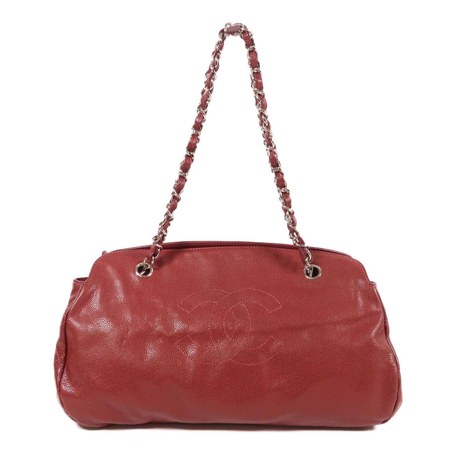 CHANEL 牛皮皮革Chain Shoulder銀扣鏈帶肩背袋紅色