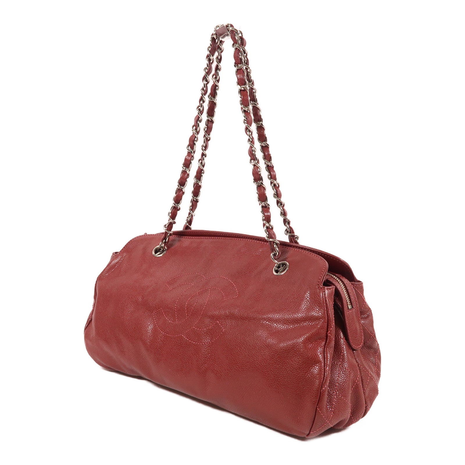 CHANEL 牛皮皮革Chain Shoulder銀扣鏈帶肩背袋紅色