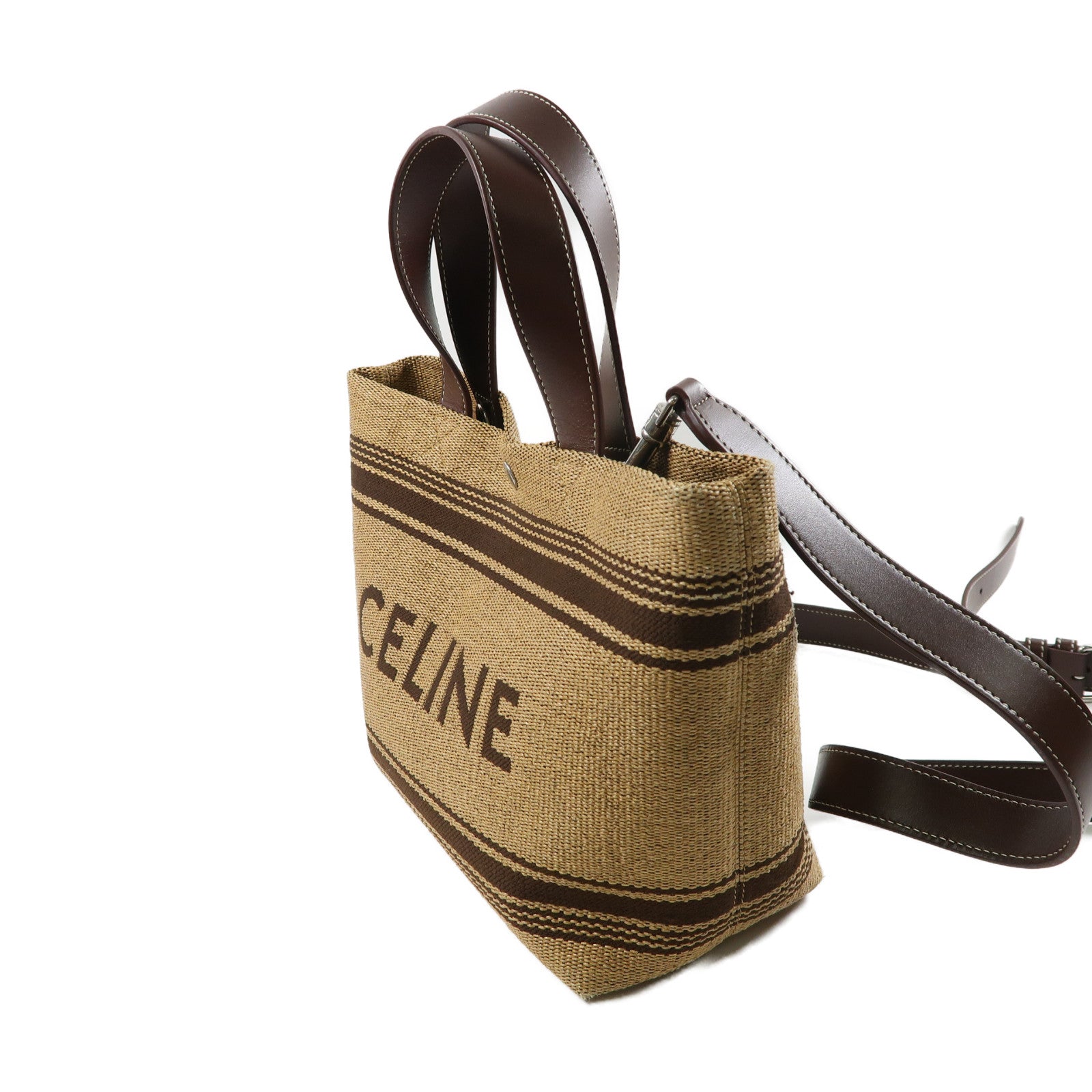 CELINE 【激減優惠】Raffia/牛皮皮革Mini Cabas銀扣手挽肩背兩用袋啡色