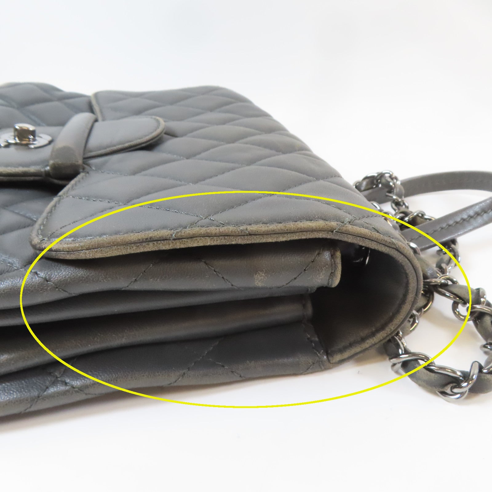 CHANEL 菱格羊皮皮革Chain Shoulder Bag銀扣鏈帶肩背袋灰色