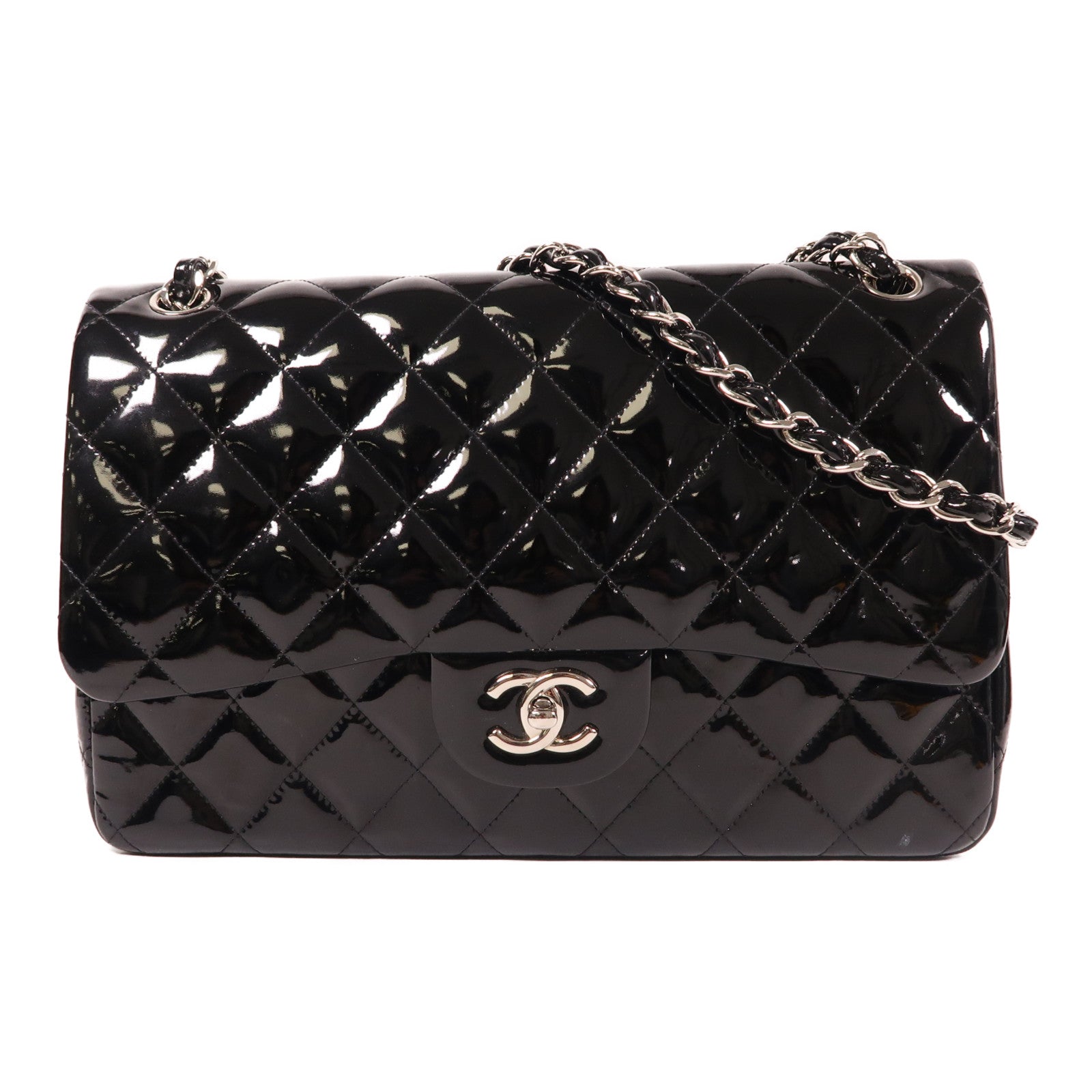 CHANEL 漆皮皮革Large Classic銀扣肩背袋黑色