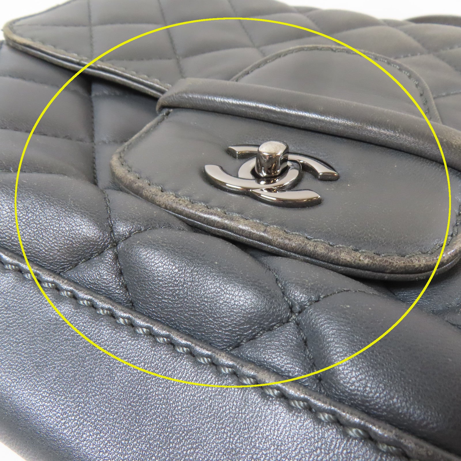 CHANEL 菱格羊皮皮革Chain Shoulder Bag銀扣鏈帶肩背袋灰色