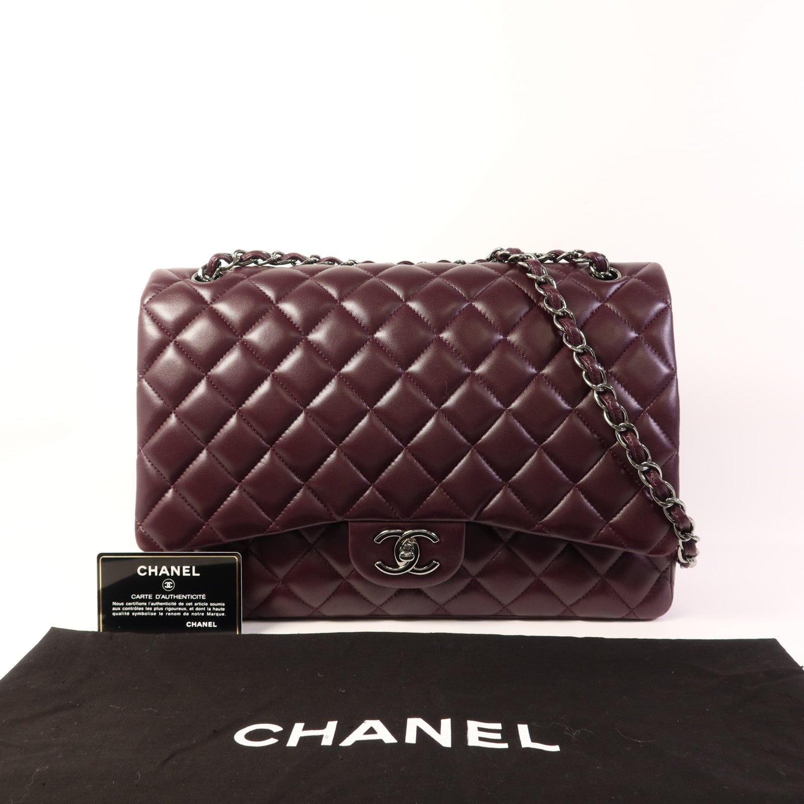 CHANEL 羊皮皮革Maxi Classic銀扣鏈帶肩背袋