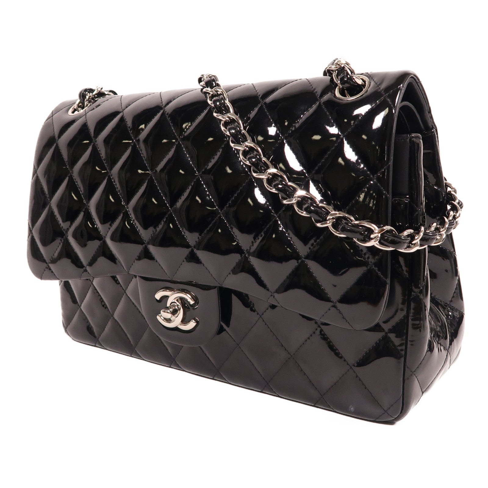 CHANEL 漆皮皮革Large Classic銀扣肩背袋黑色