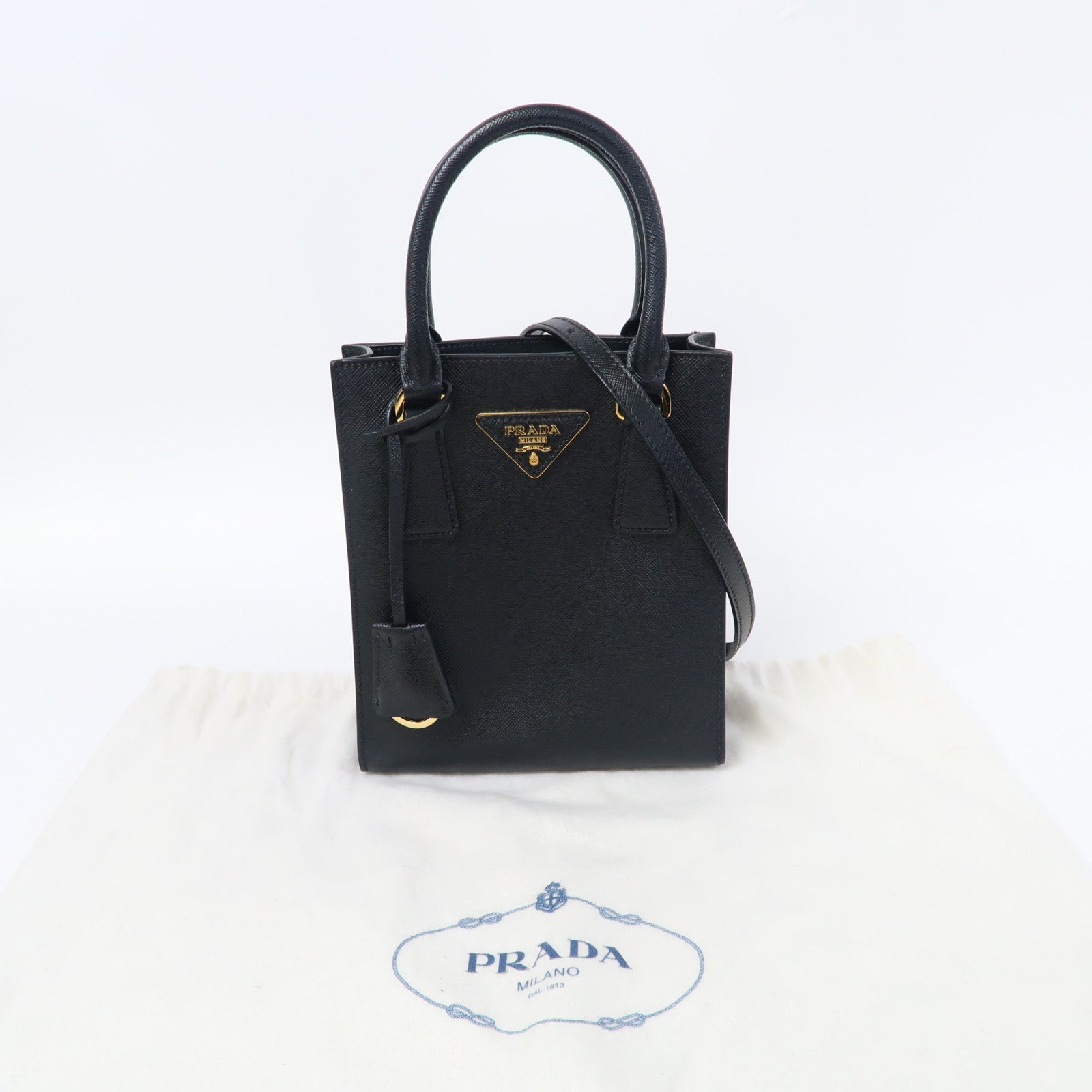 PRADA Saffiano皮革2 Way Shoulder Bag金扣手挽肩背兩用袋黑色