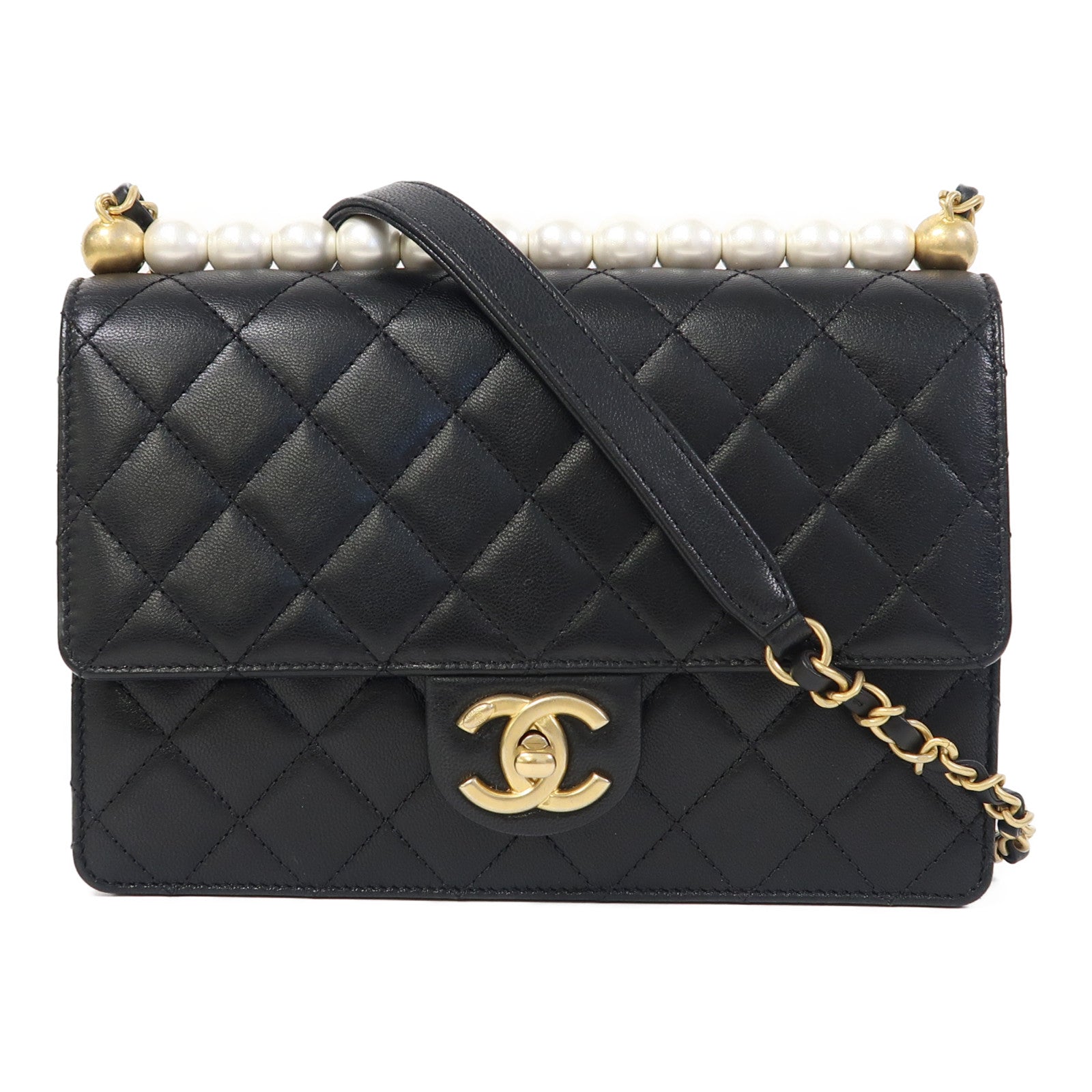 CHANEL 菱格皮革Chain Shoulder金扣鏈帶肩背袋黑色