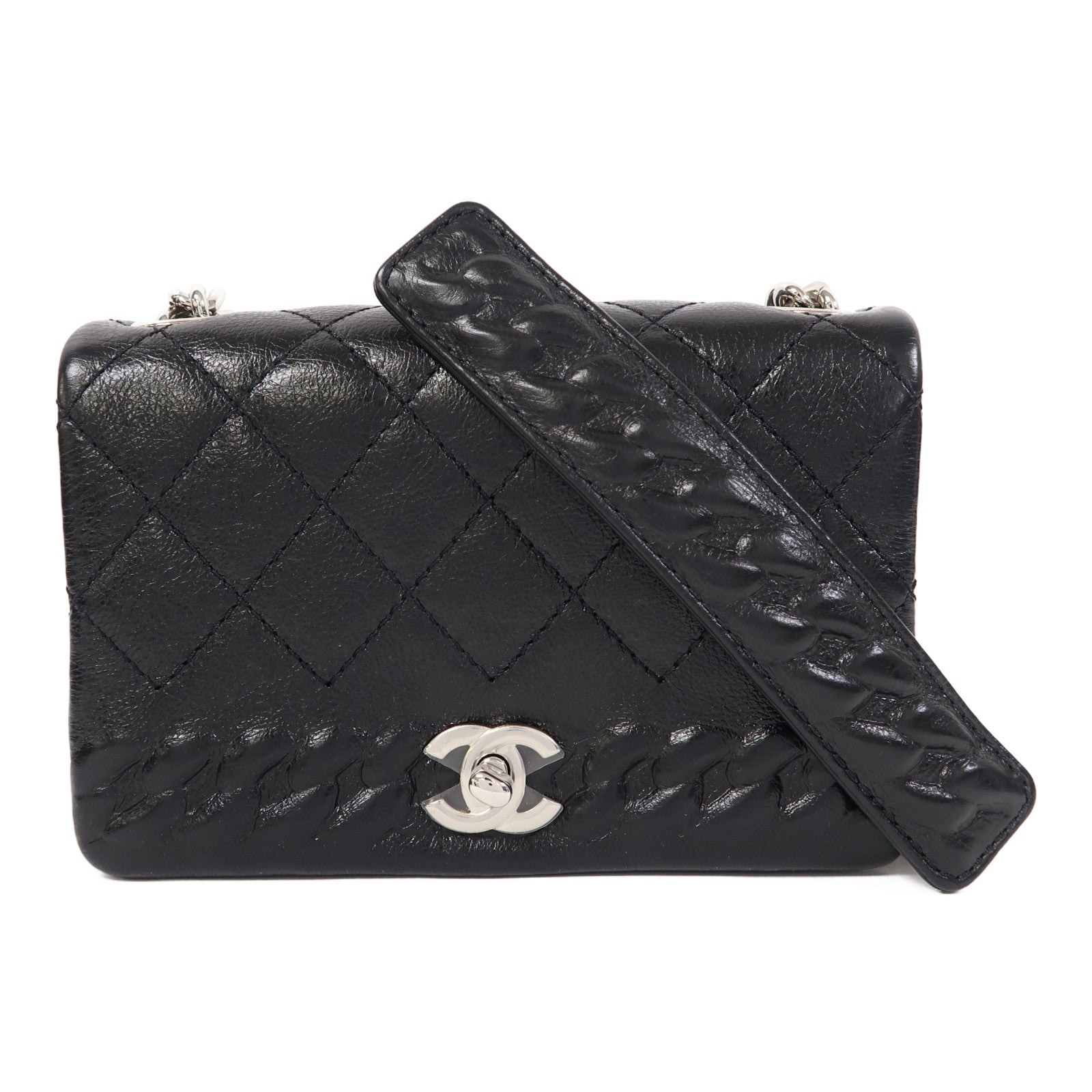 CHANEL 【激減優惠】菱格牛皮皮革Chain Shoulder銀扣鏈帶肩背袋黑色