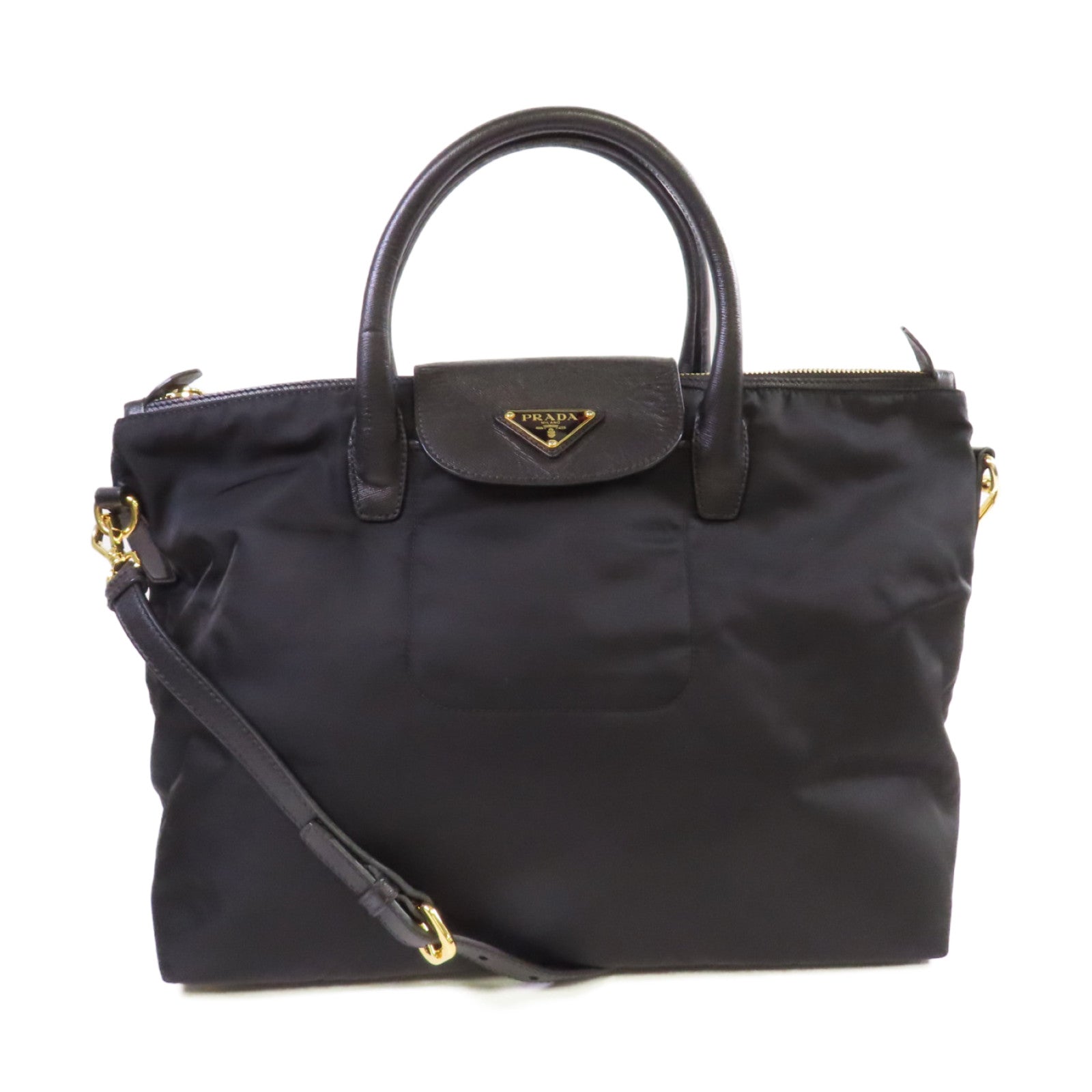 PRADA 尼龍/Saffiano皮革2Way Shoulder Bag金扣手挽肩背兩用袋黑色
