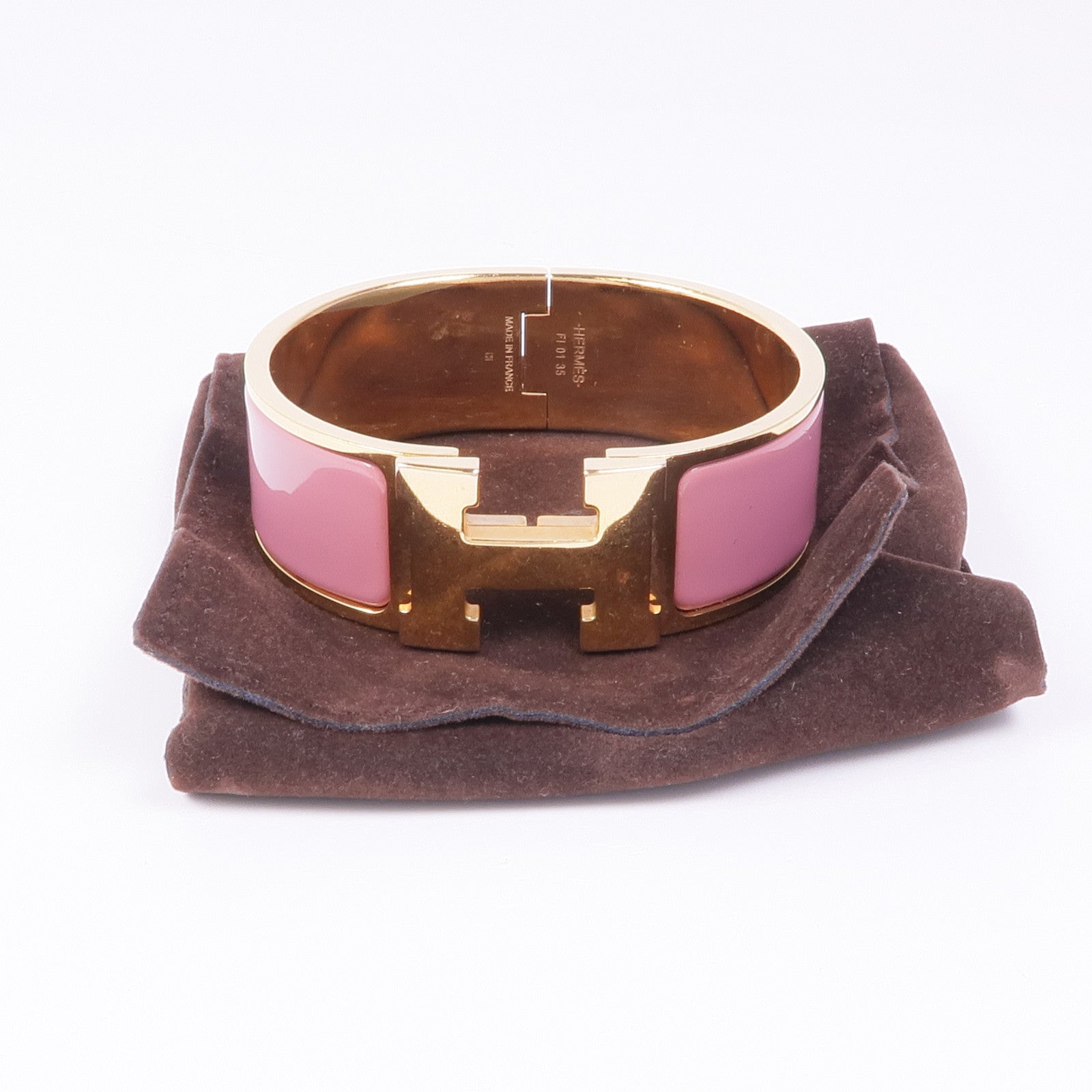 HERMES Clic Clac H Bracelet Enamel Metal Gold Pink
