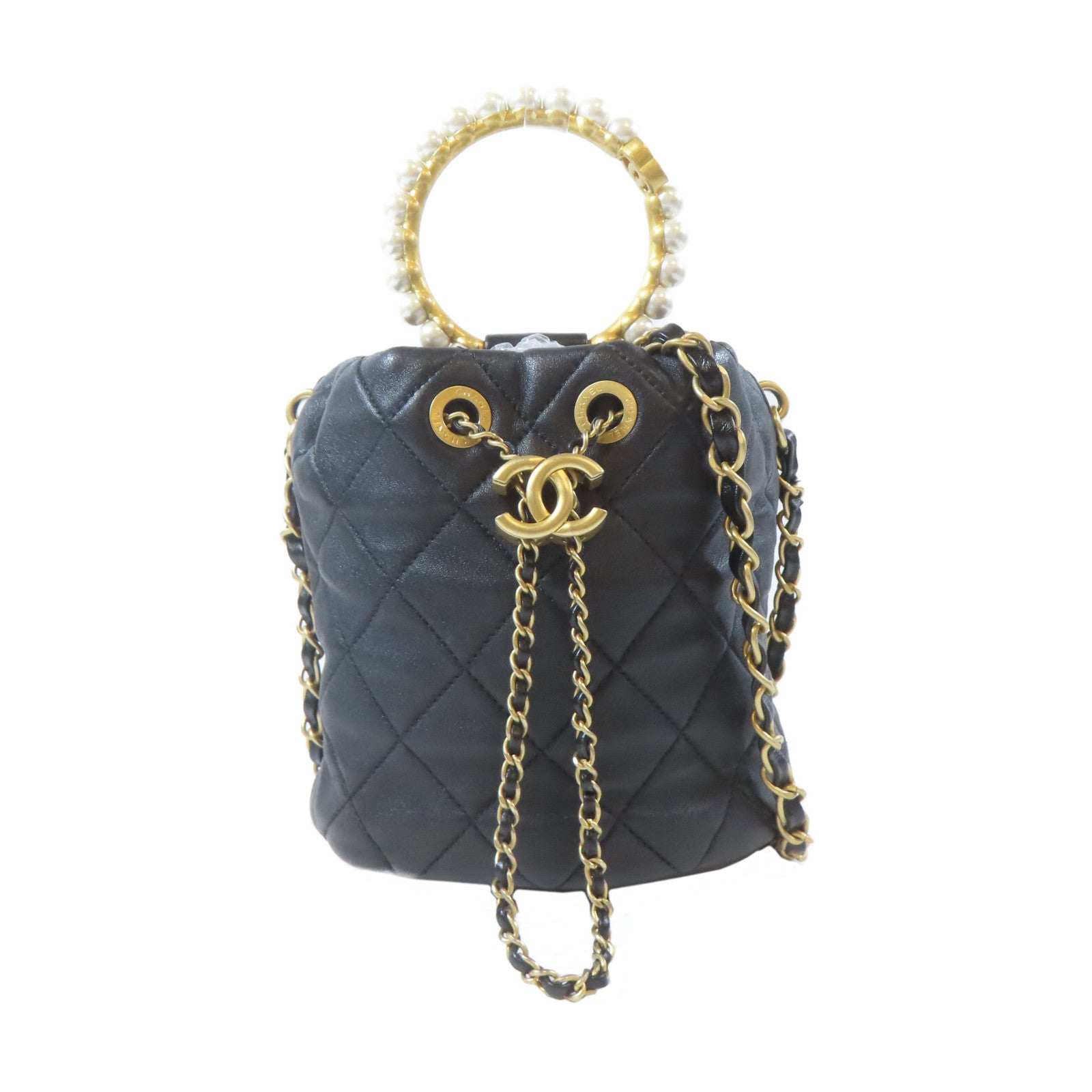 CHANEL 菱格羊皮皮革Pearl Crown Drawstring Bag金扣手挽肩背兩用袋黑色