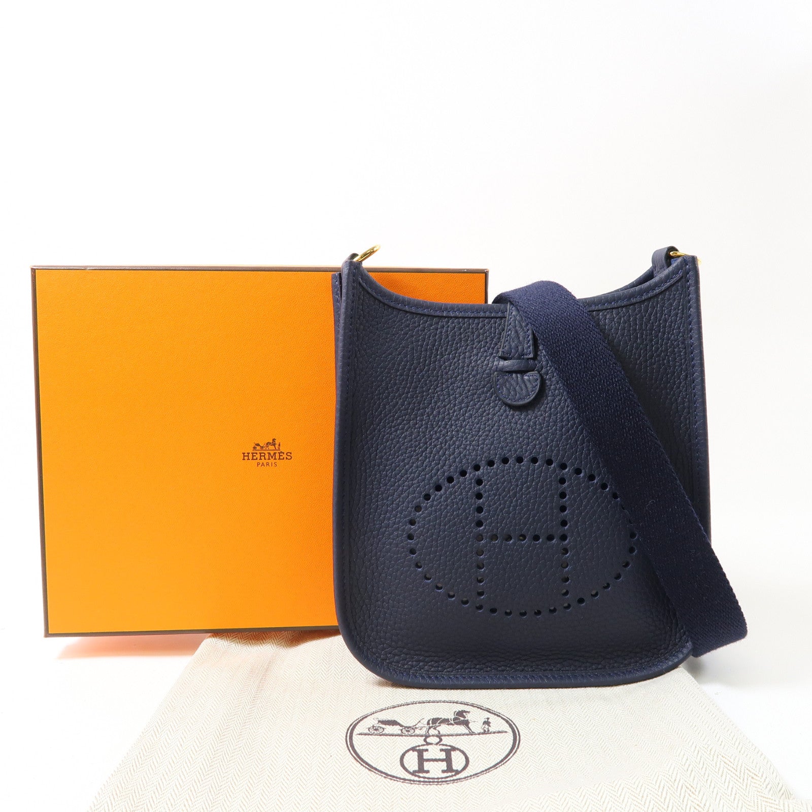 HERMES Clemence皮革Evelyne TPM金扣肩背袋Bleu Indigo深藍色