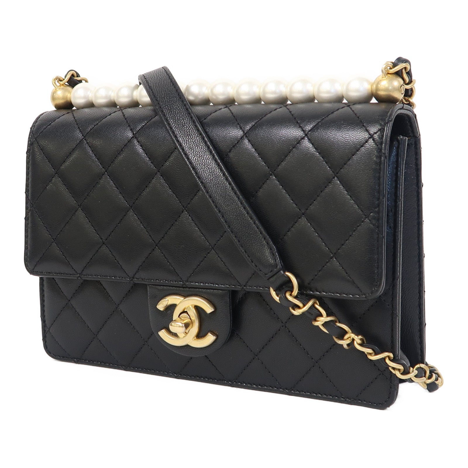 CHANEL 菱格皮革Chain Shoulder金扣鏈帶肩背袋黑色