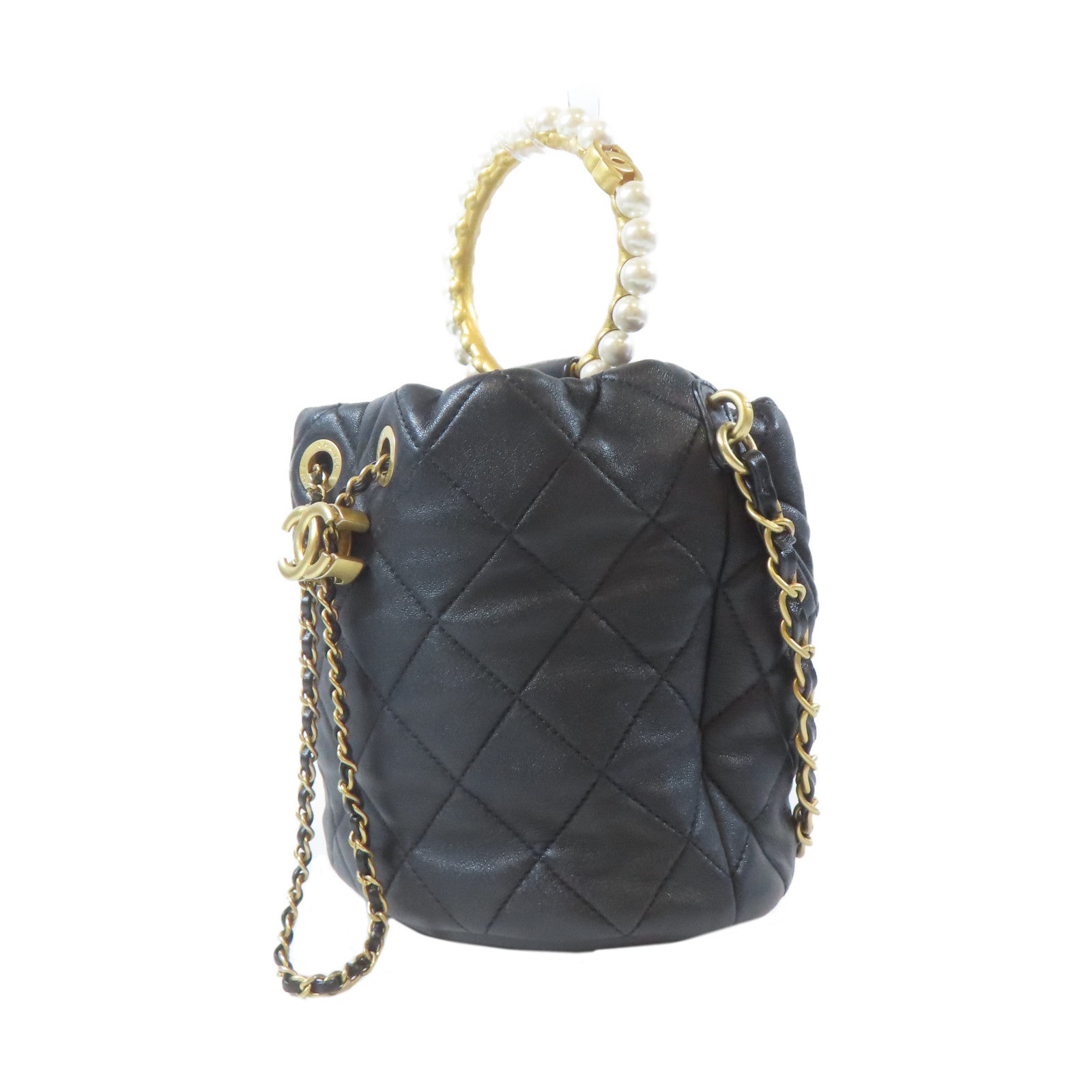 CHANEL 菱格羊皮皮革Pearl Crown Drawstring Bag金扣手挽肩背兩用袋黑色
