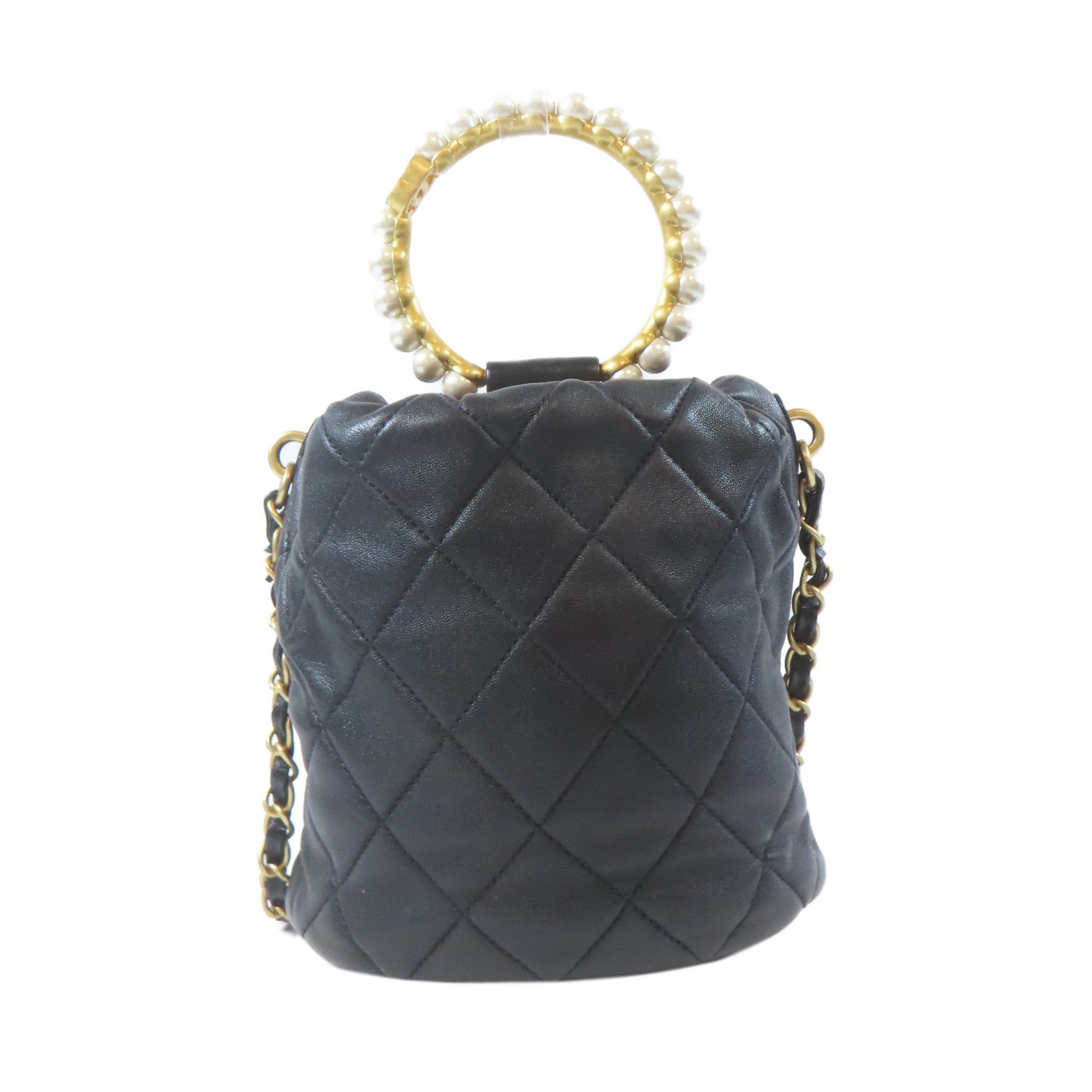 CHANEL 菱格羊皮皮革Pearl Crown Drawstring Bag金扣手挽肩背兩用袋黑色