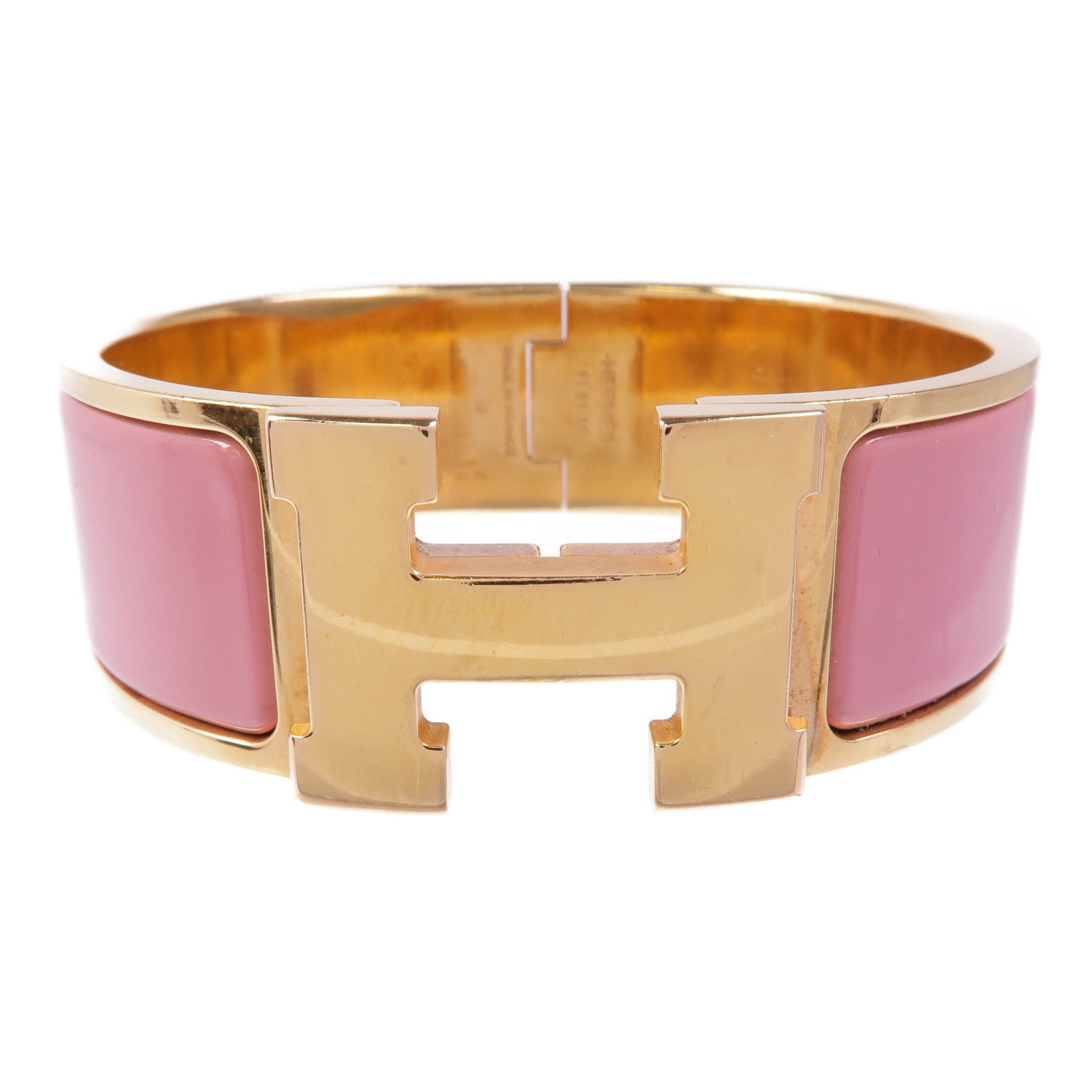 HERMES Clic Clac H Bracelet Enamel Metal Gold Pink