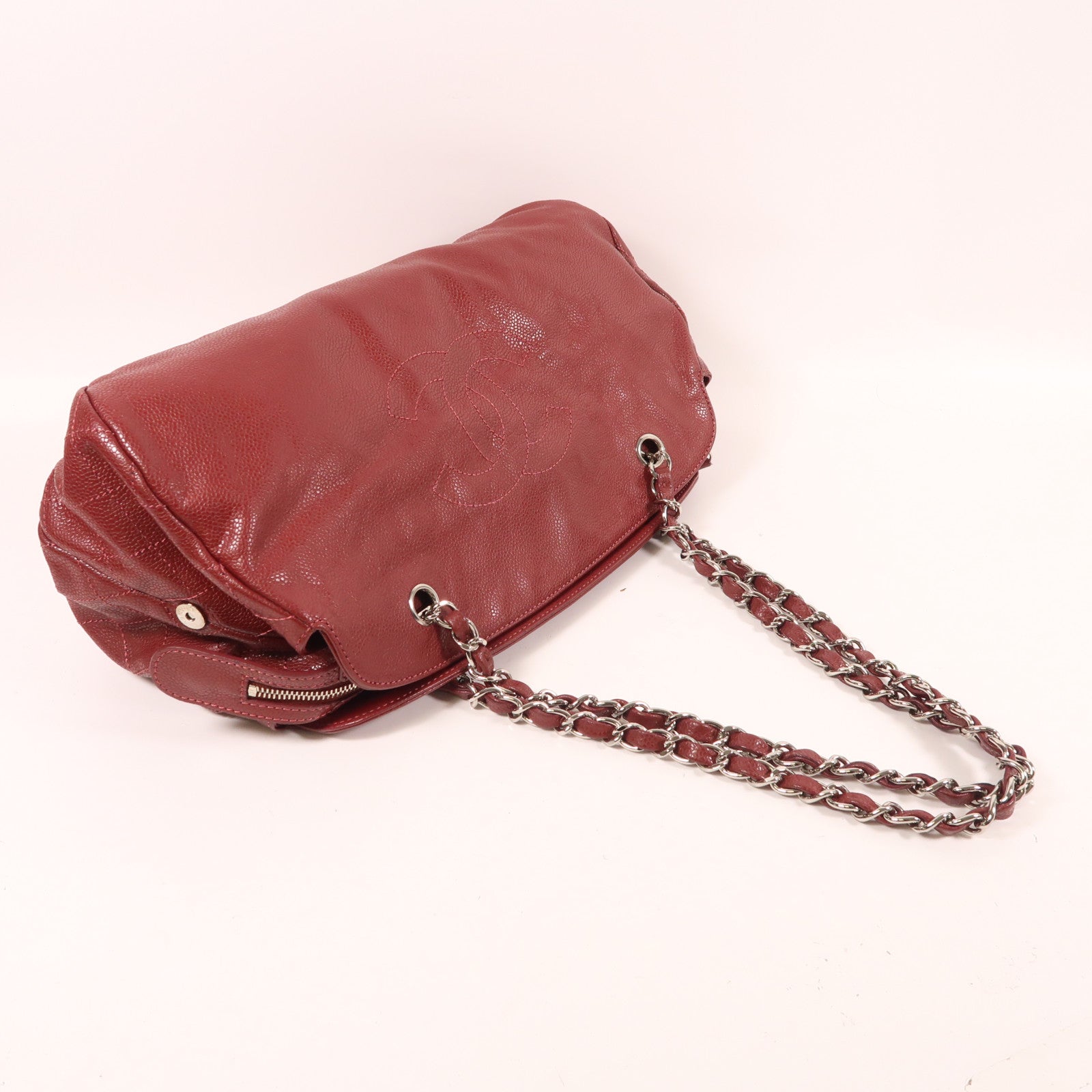 CHANEL 牛皮皮革Chain Shoulder銀扣鏈帶肩背袋紅色