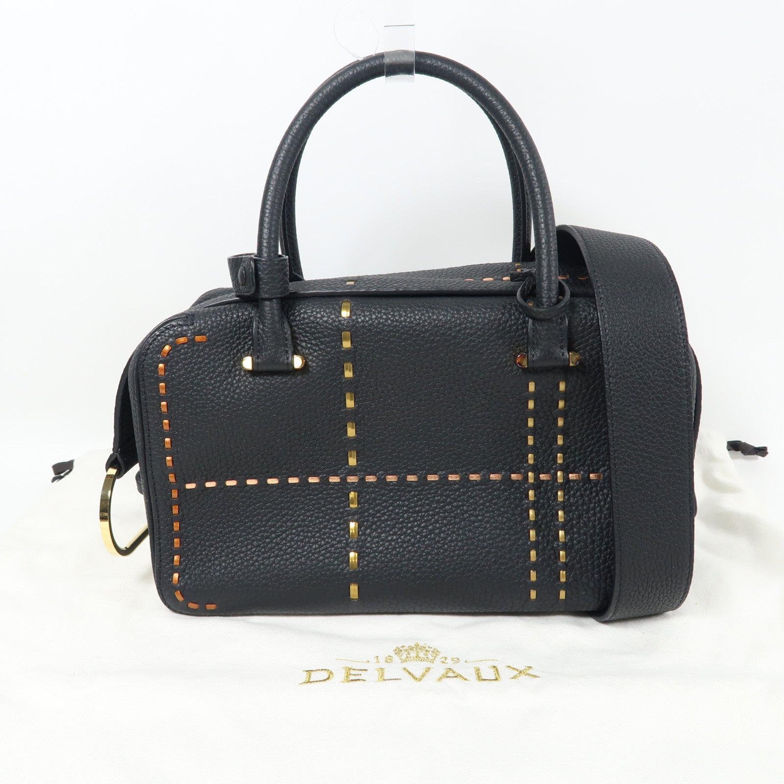 Delvaux 牛皮皮革Cool Box MM金扣手挽肩背兩用袋黑色