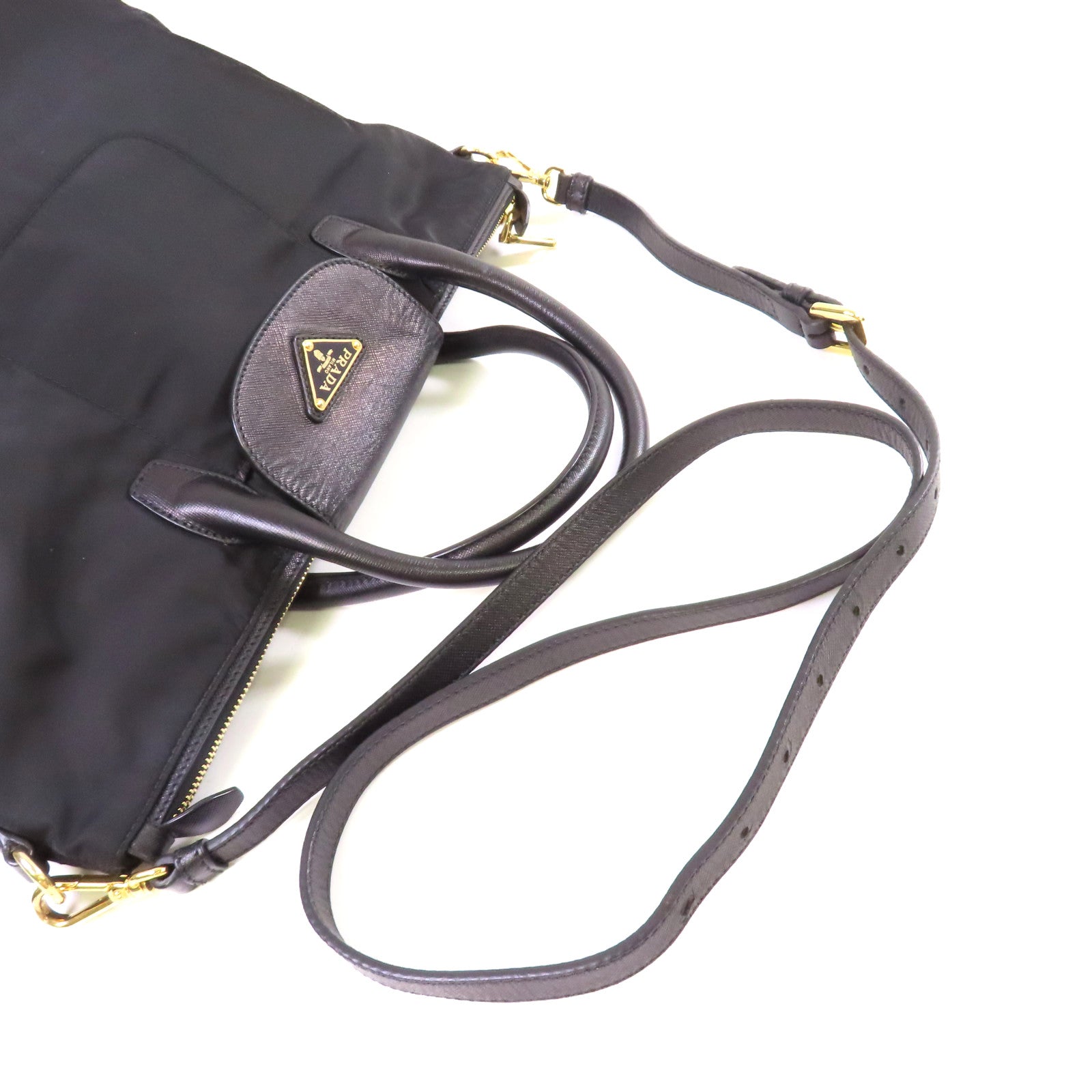 PRADA 尼龍/Saffiano皮革2Way Shoulder Bag金扣手挽肩背兩用袋黑色