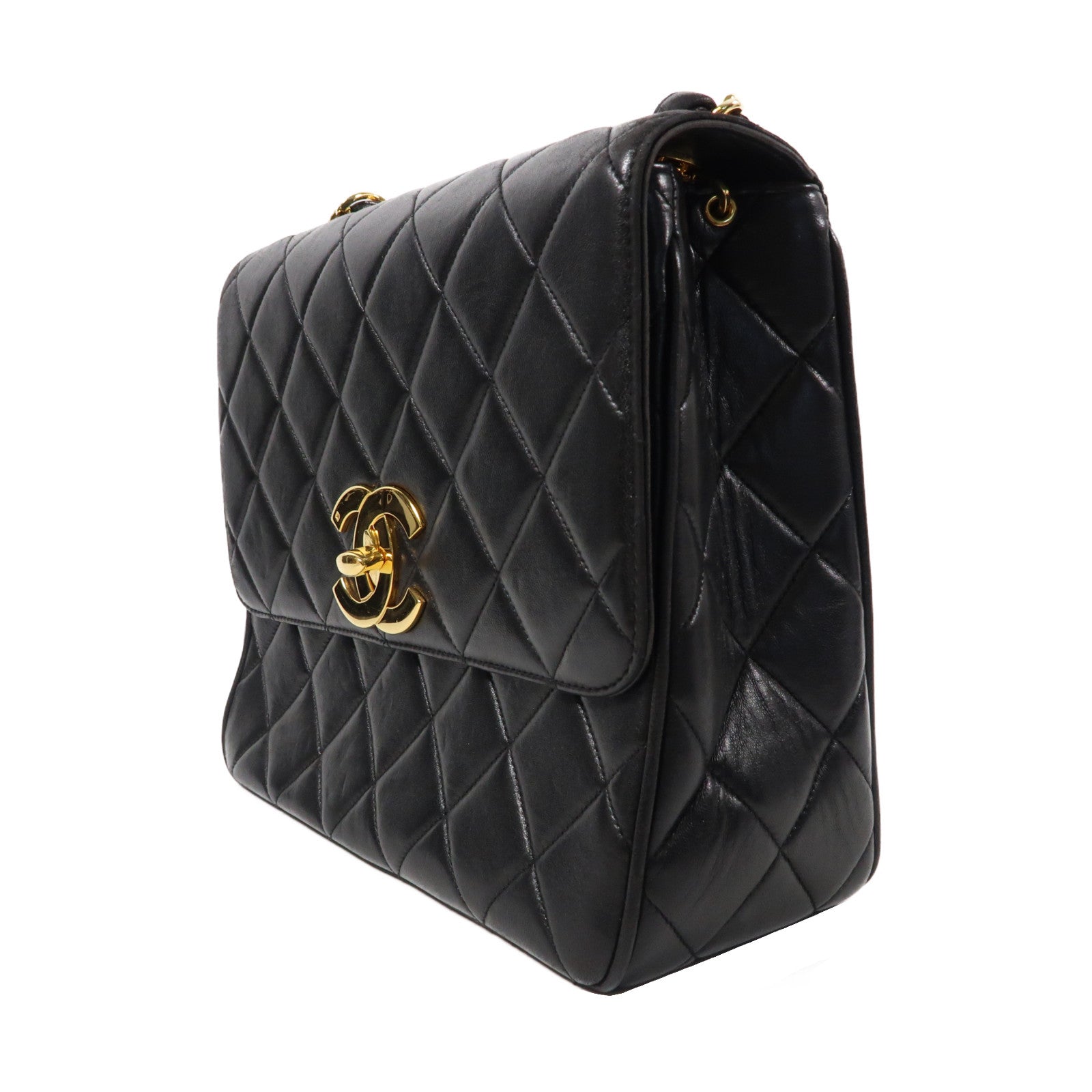 CHANEL 菱格牛皮皮革Vintage Chain Shoulder Bag金扣鏈帶肩背袋黑色